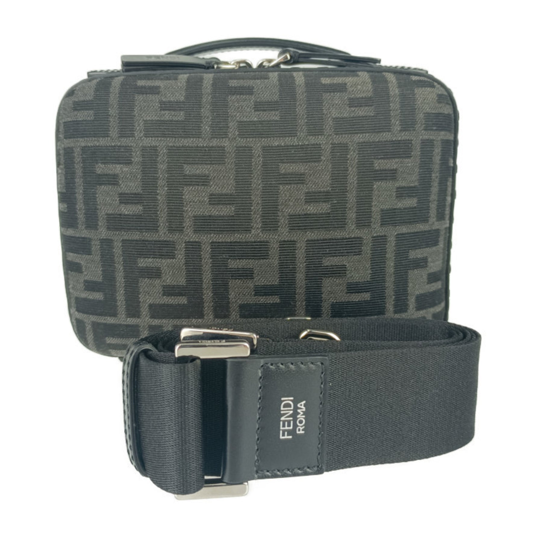FENDI Zucca Mini Shoulder Bag Grey Black Canvas Leather Handbag