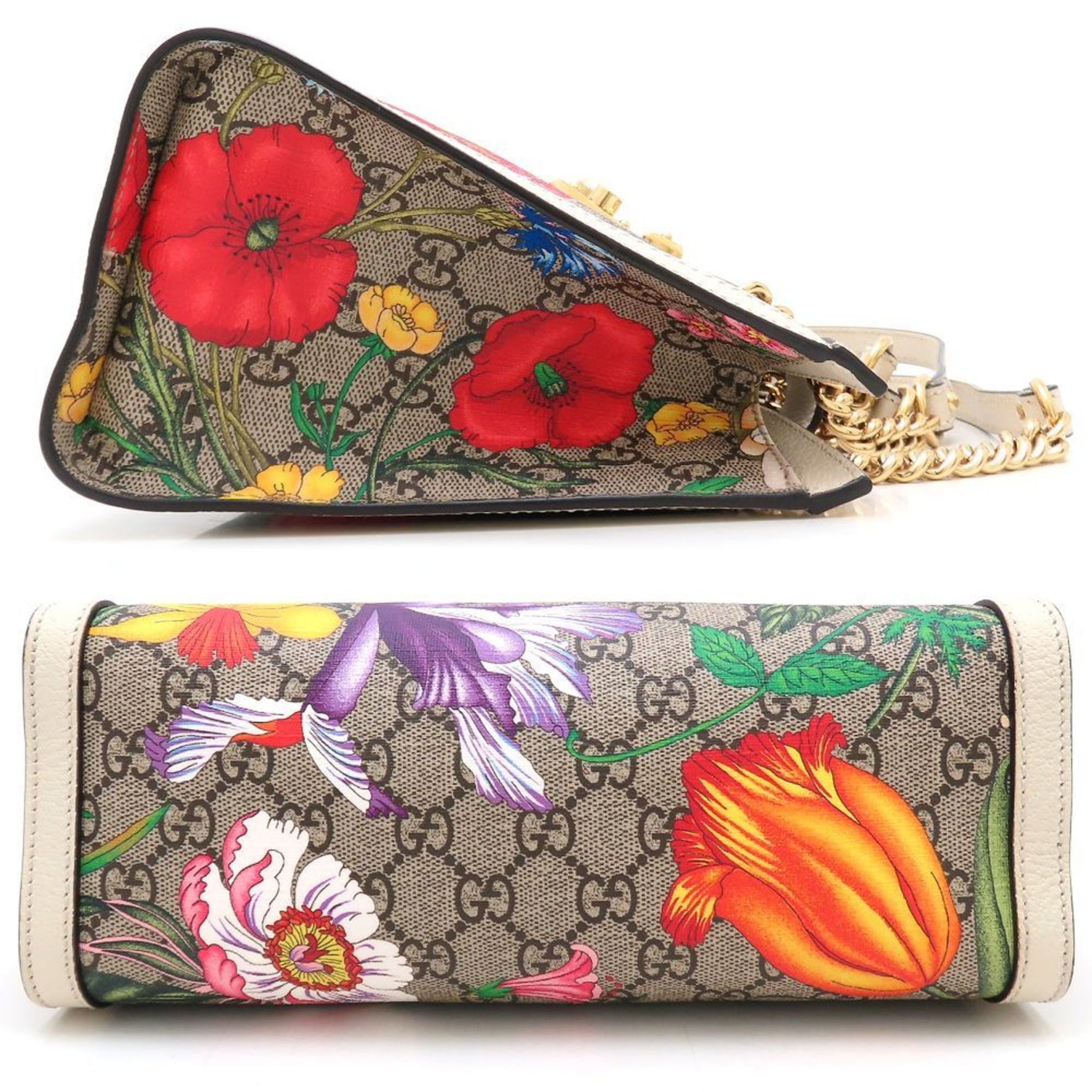 GUCCI Padlock GG Flora Small Shoulder Bag in Supreme Canvas and Leather, Beige White