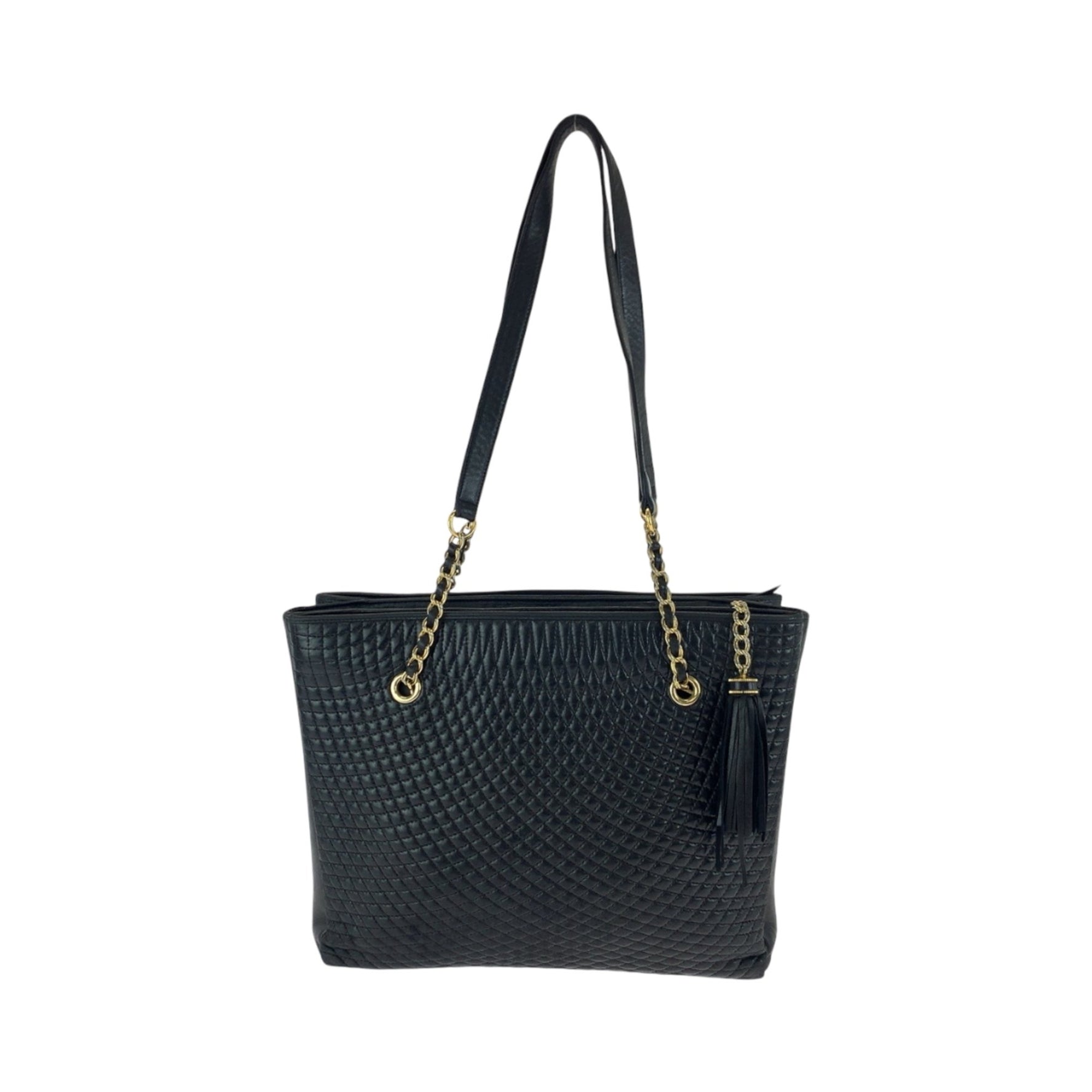 BALLY Vintage Quilted Fringe Black Leather Chain Tote Bag with Gold Hardware for Women