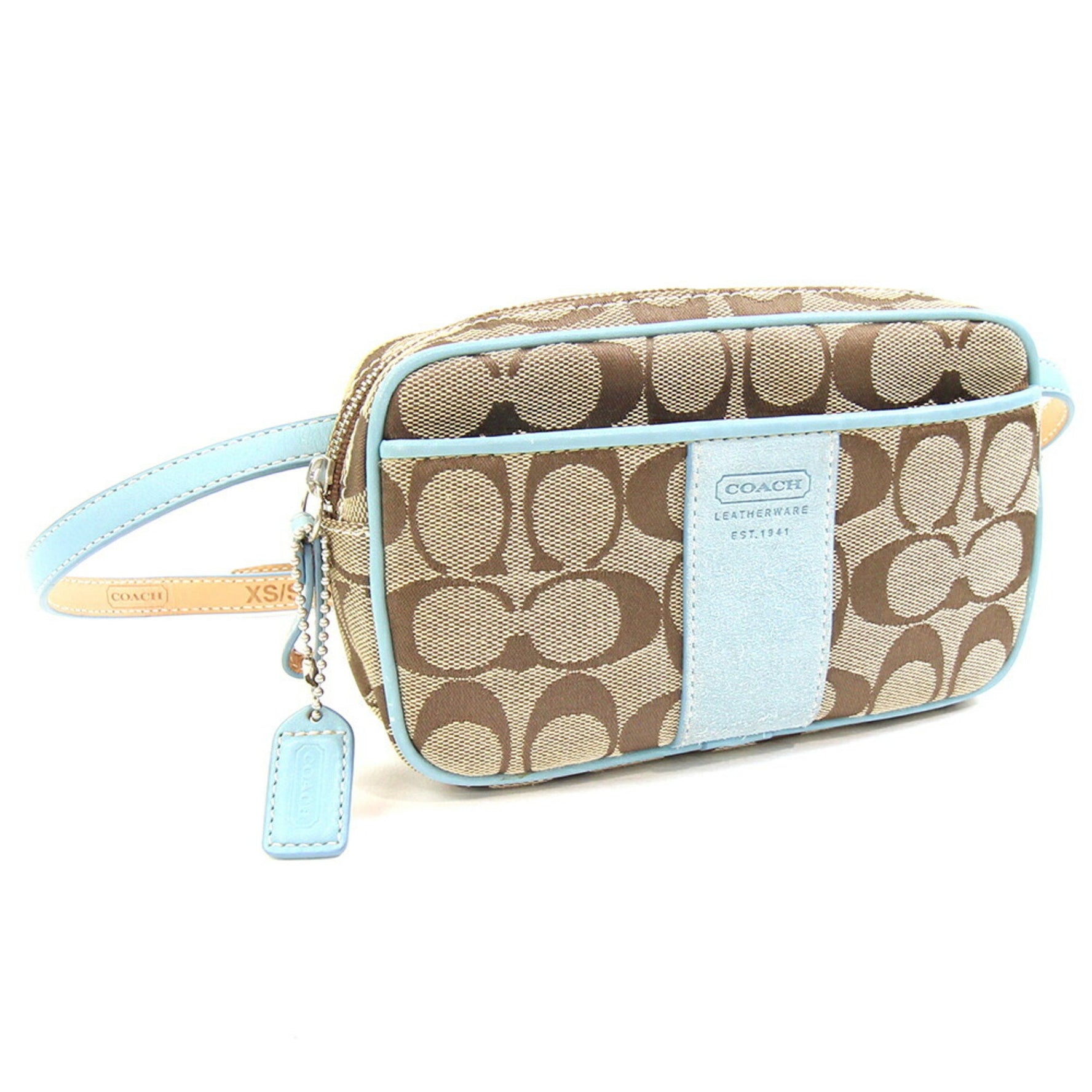 Coach Waist Bag Signature Khaki Light Blue Canvas Leather Hip Pouch Body