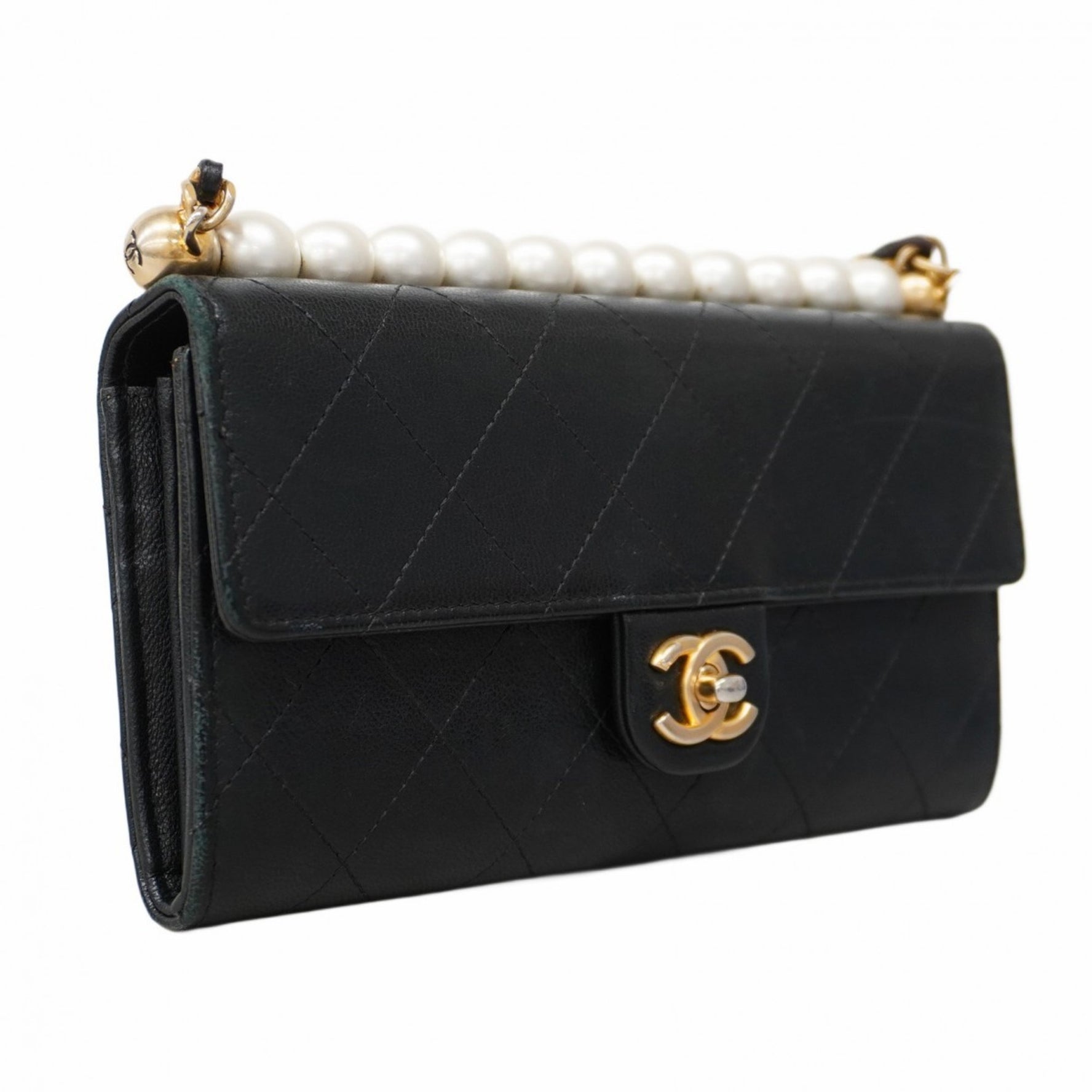Chanel Matelasse Shoulder Wallet with Chain Bag, Lambskin, Black, Women's