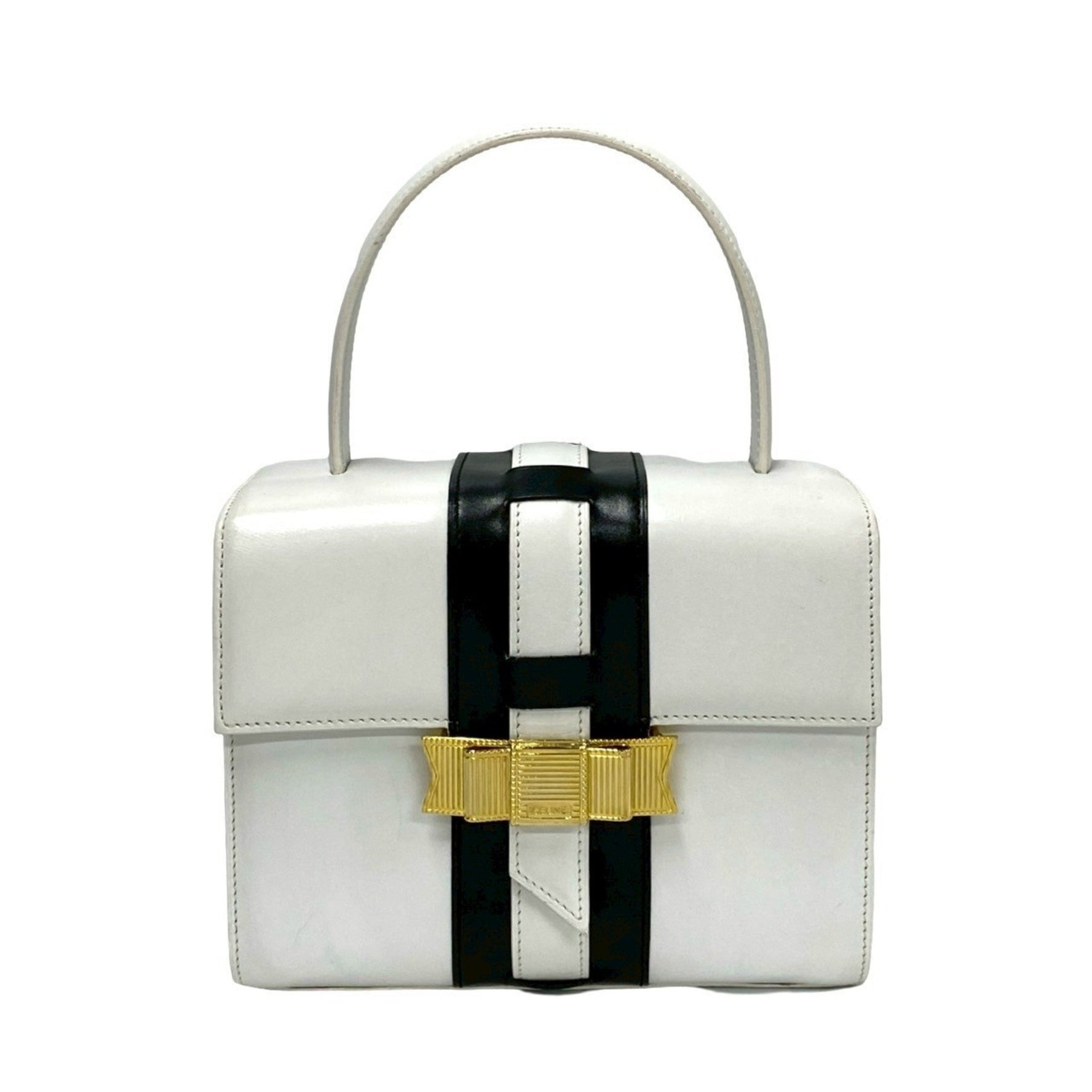 CELINE Logo Ribbon Hardware Leather Genuine Handbag Mini Tote Bag White Black