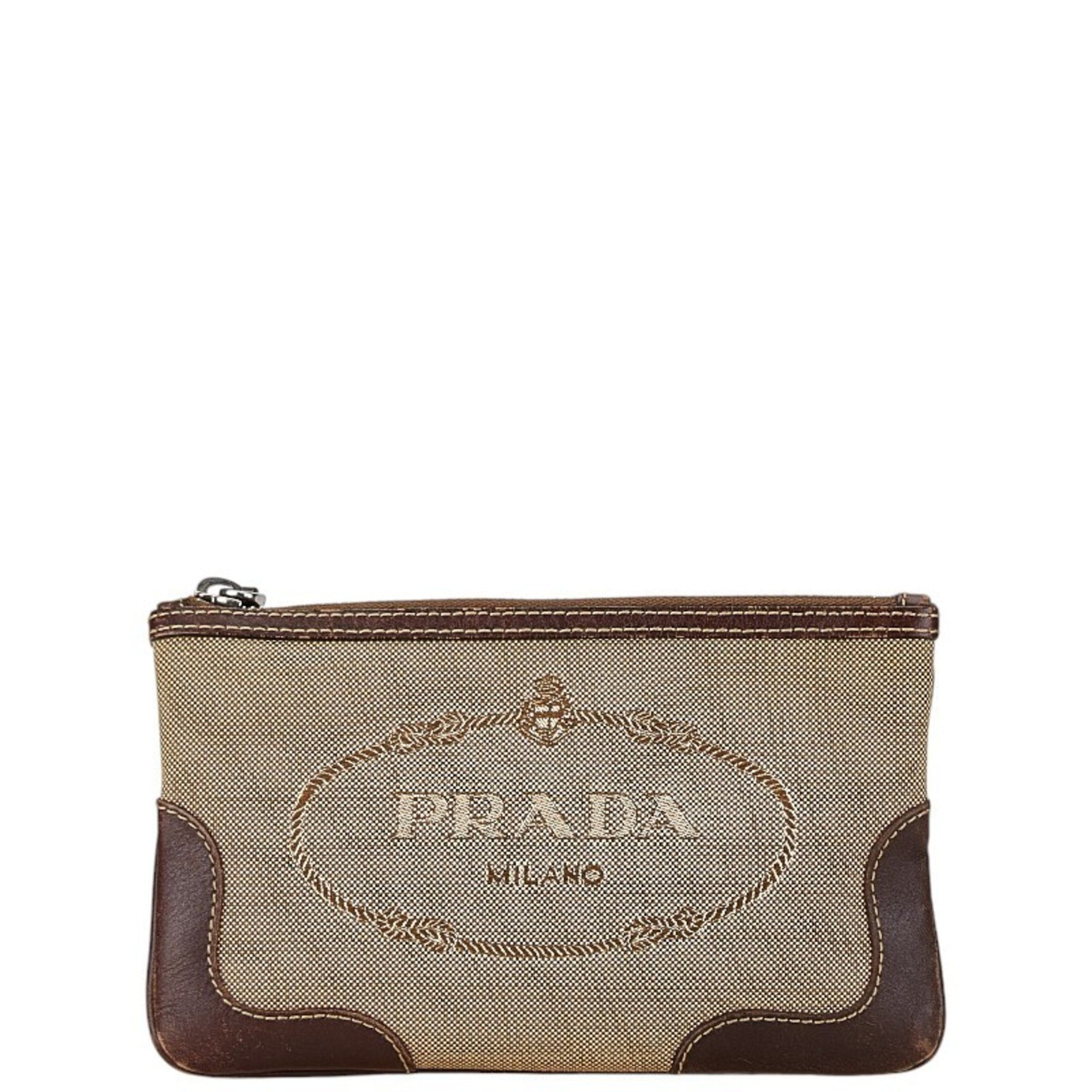 Prada Jacquard Pouch Beige Brown Canvas Leather