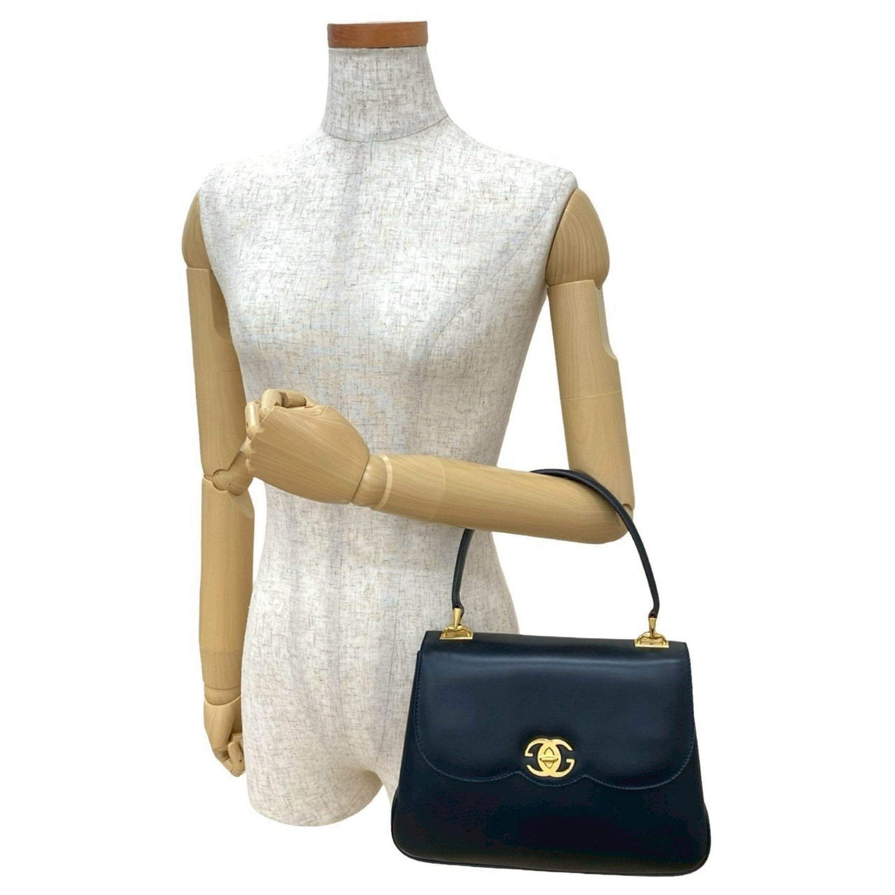 GUCCI Old Gucci GG Logo Hardware Turnlock Leather Genuine Handbag Tote Bag Navy