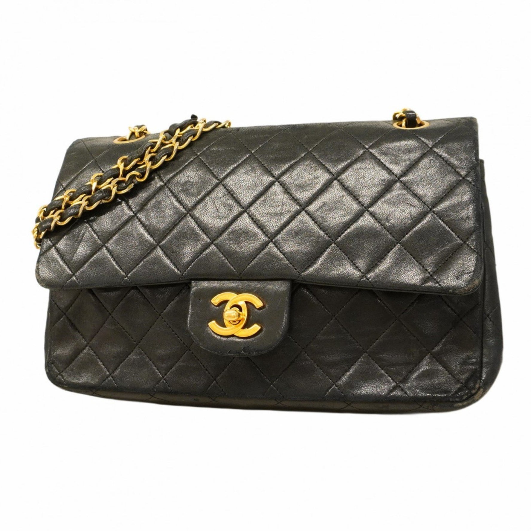 Chanel Matelasse Shoulder Bag with Double Flap and Chain, Lambskin, Black, Women's