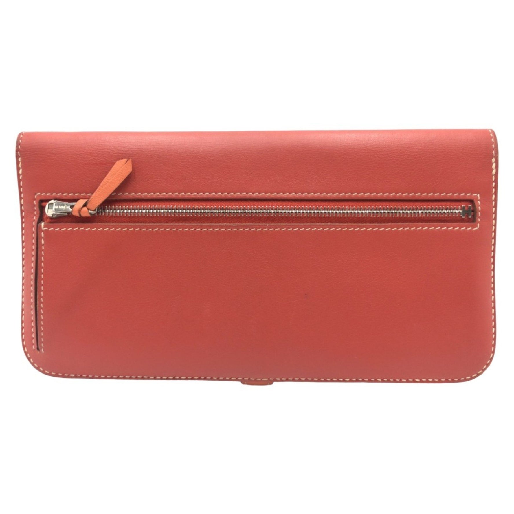HERMES Dogon Long Red Sanguine Crevette Leather Wallet O Stamp