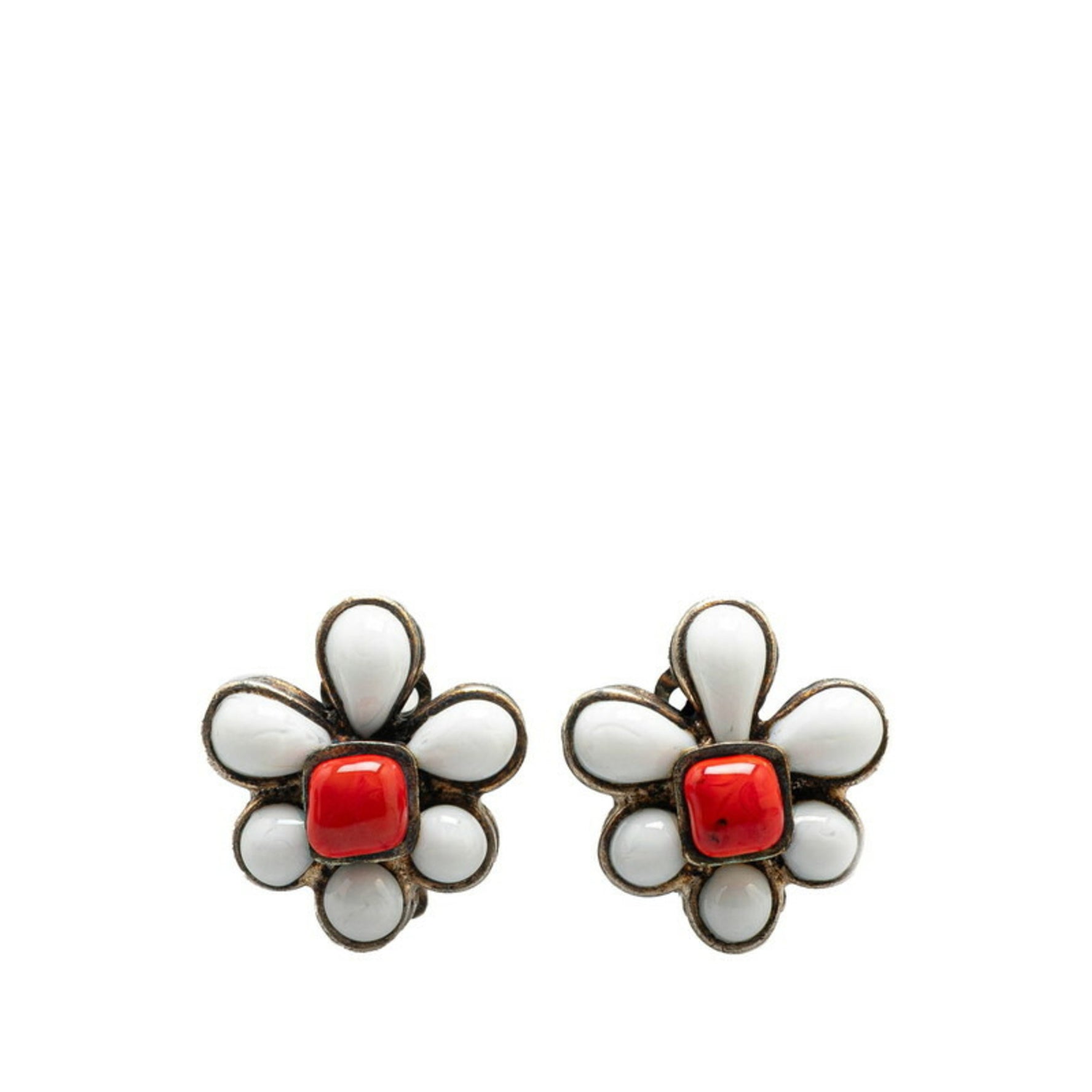 Chanel Flower Motif Earrings Silver Orange White Metal Women's CHANEL