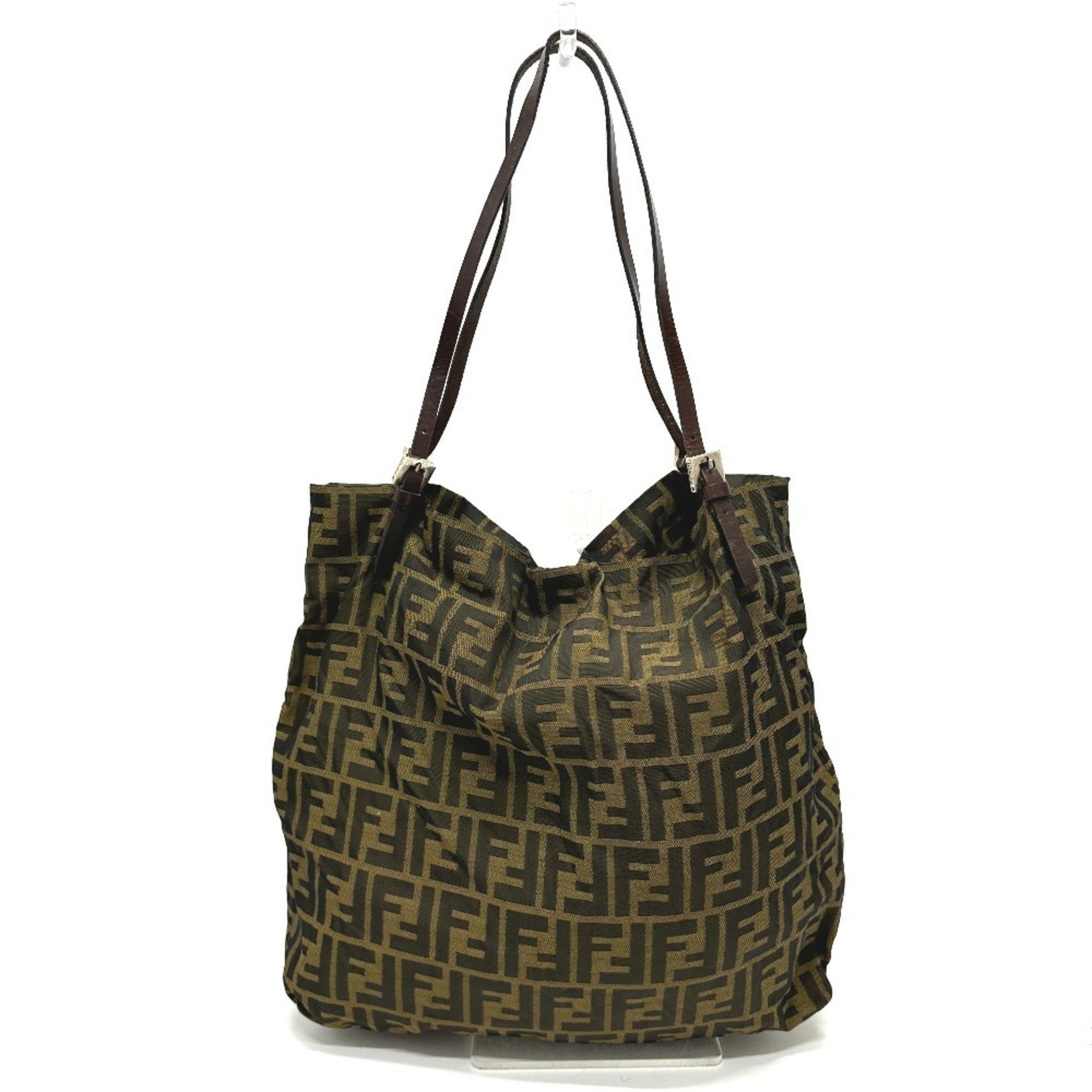 FENDI Zucca print handbag with logo hardware, all-over tote bag in canvas/leather