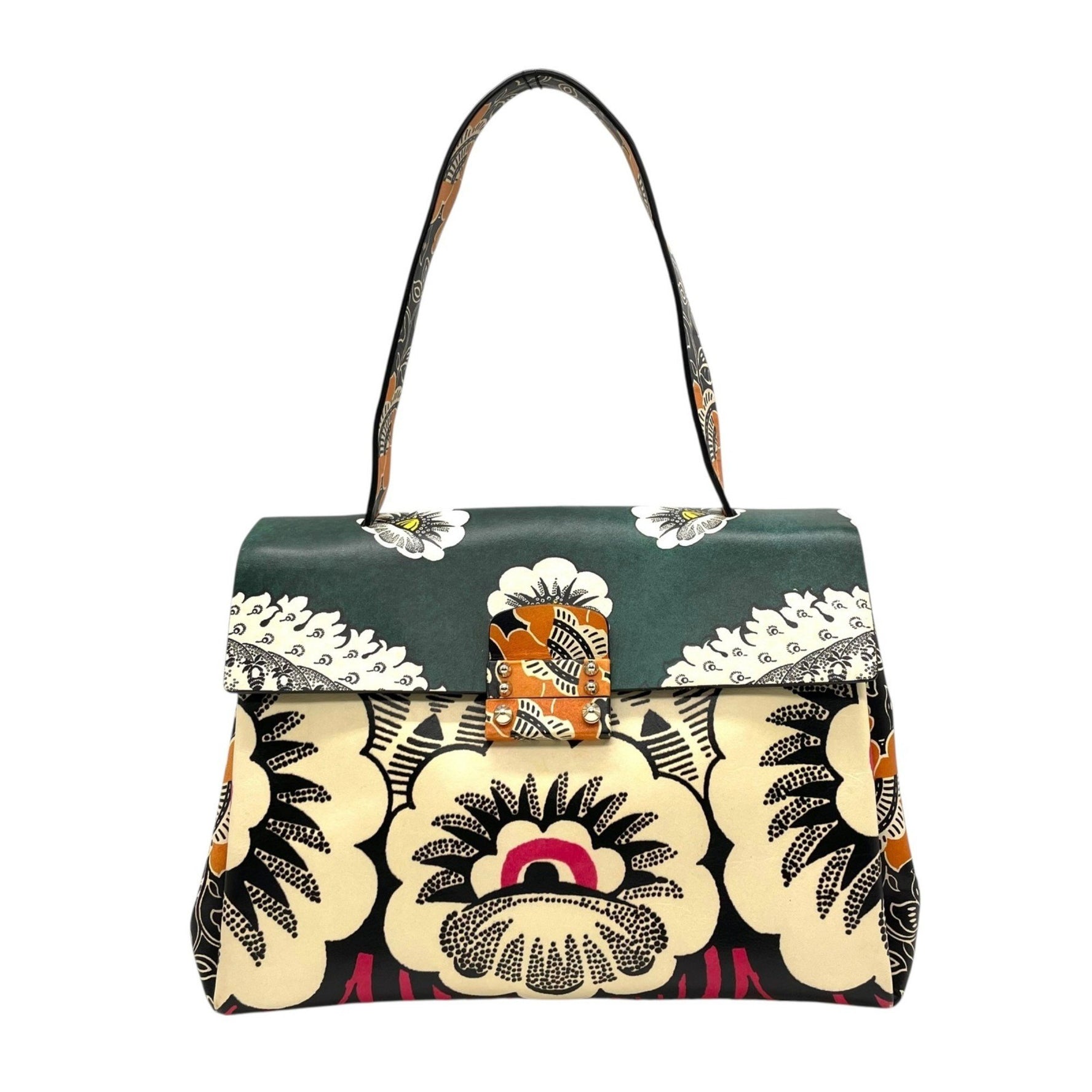 VALENTINO GARAVANI Floral Print Maim Handbag with Single Handle, Green and Multicolor Leather, Silver Hardware, Size D