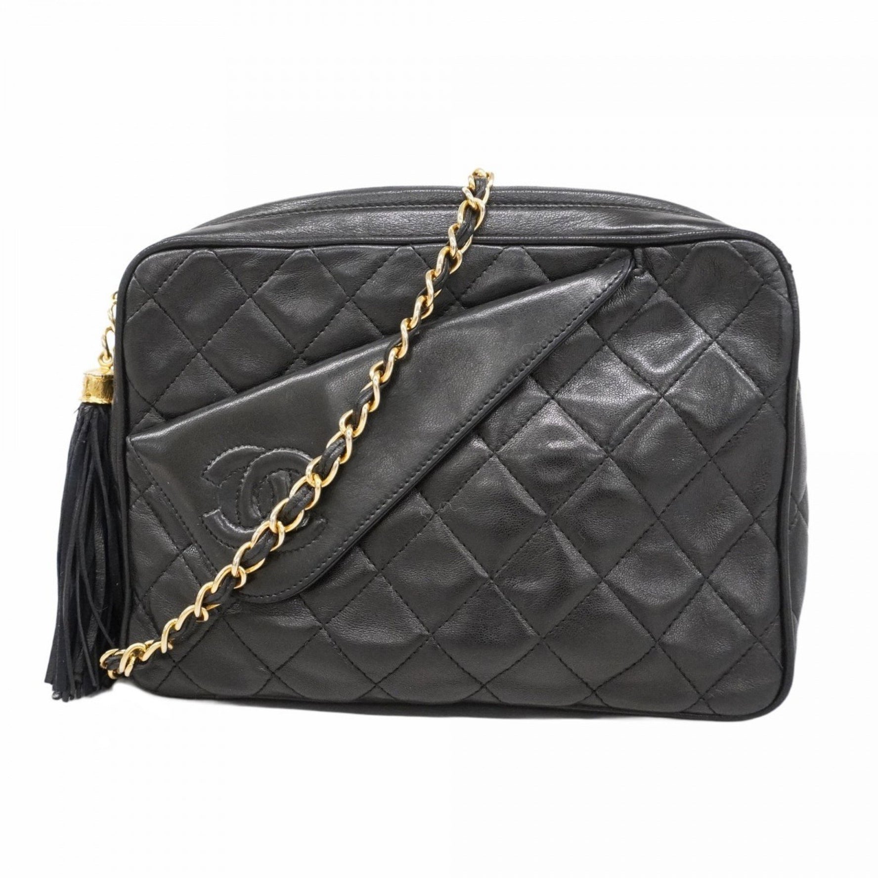 Chanel Shoulder Bag with Matelasse Chain Bag, Lambskin, Black, Women's