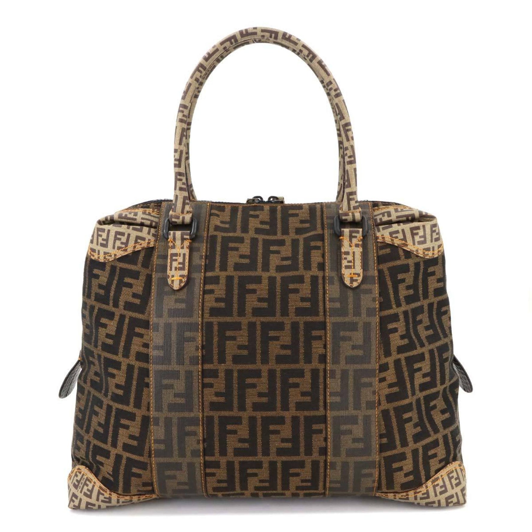 FENDI Zucca Zucchino Handbag in Brown and Black Canvas PVC with Gold Hardware
