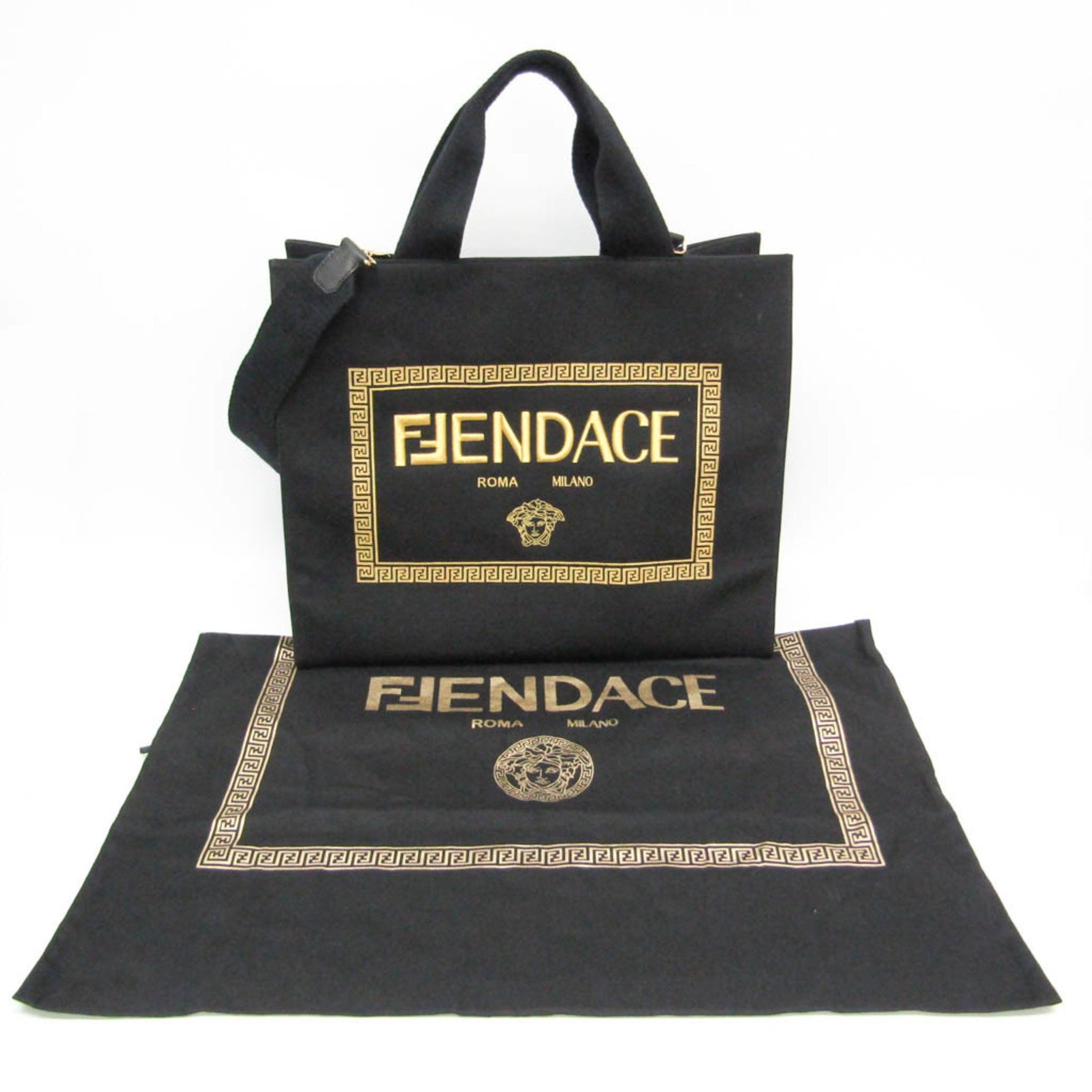Fendi X Versace Fendace Men,Women Canvas Shoulder Bag,Tote Bag Gold,Black