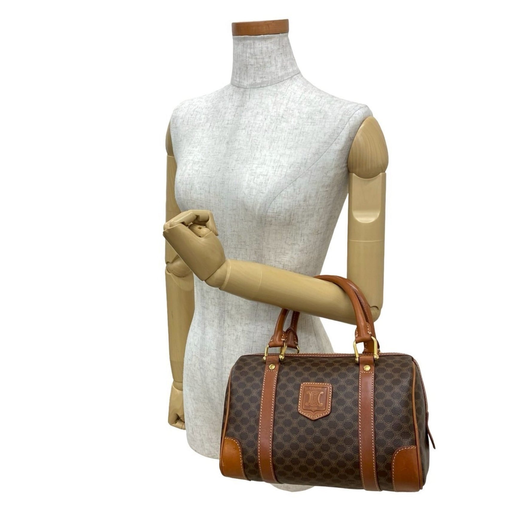 CELINE Macadam Triomphe Logo Leather Handbag/Mini Boston Bag in