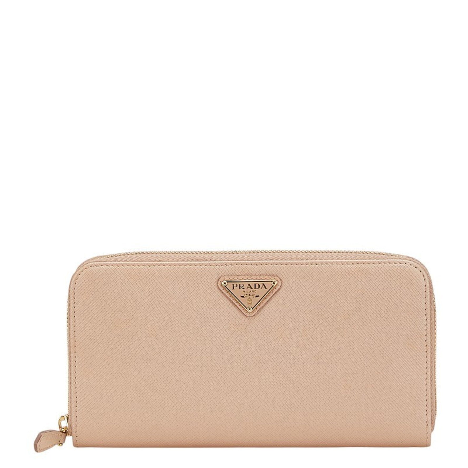 Prada Triangle Logo Plate Round Zip Long Wallet Saffiano Leather