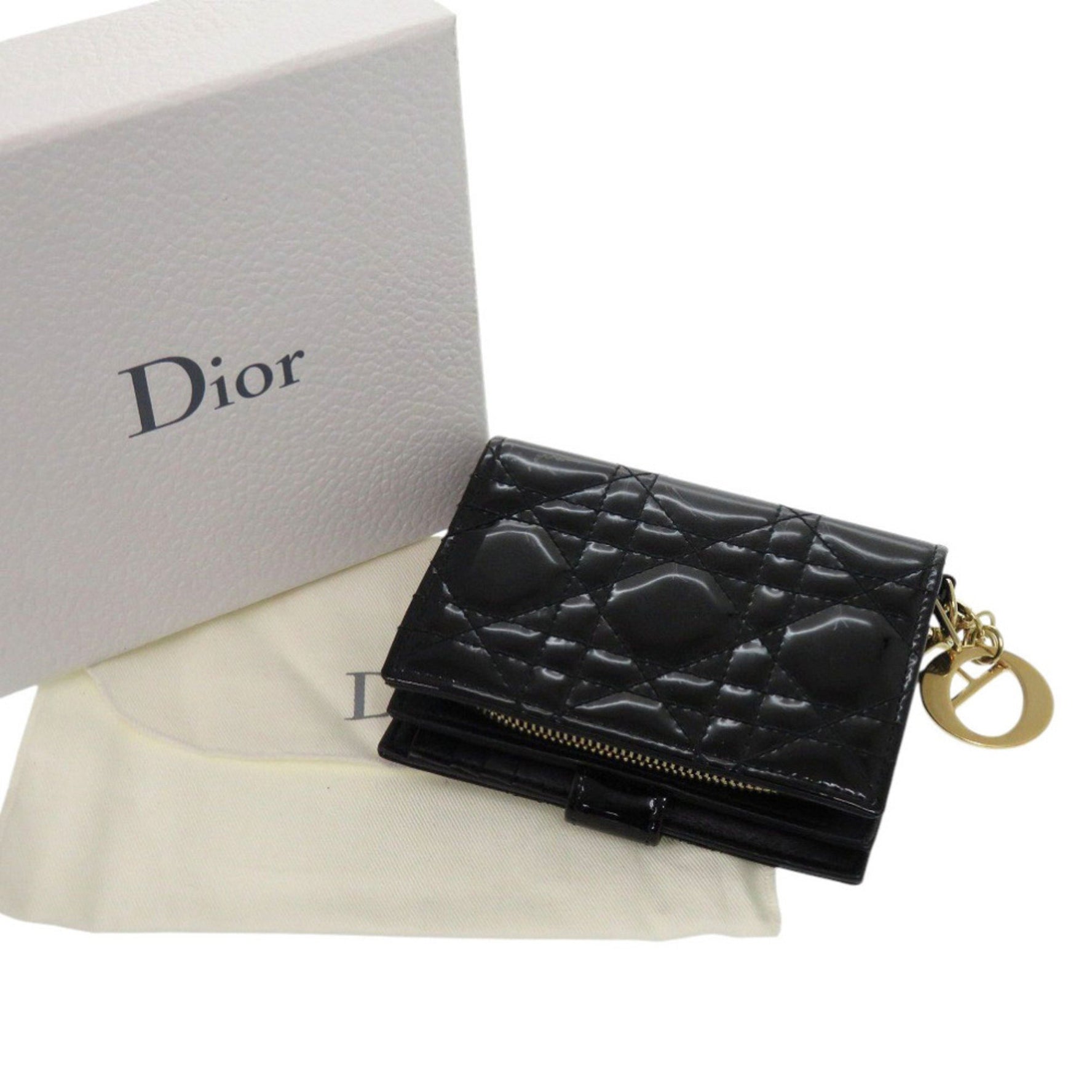 Christian Dior Dior Cannage Logo Charm Patent Leather/Enamel Bifold Wallet with Gold Hardware, 0820