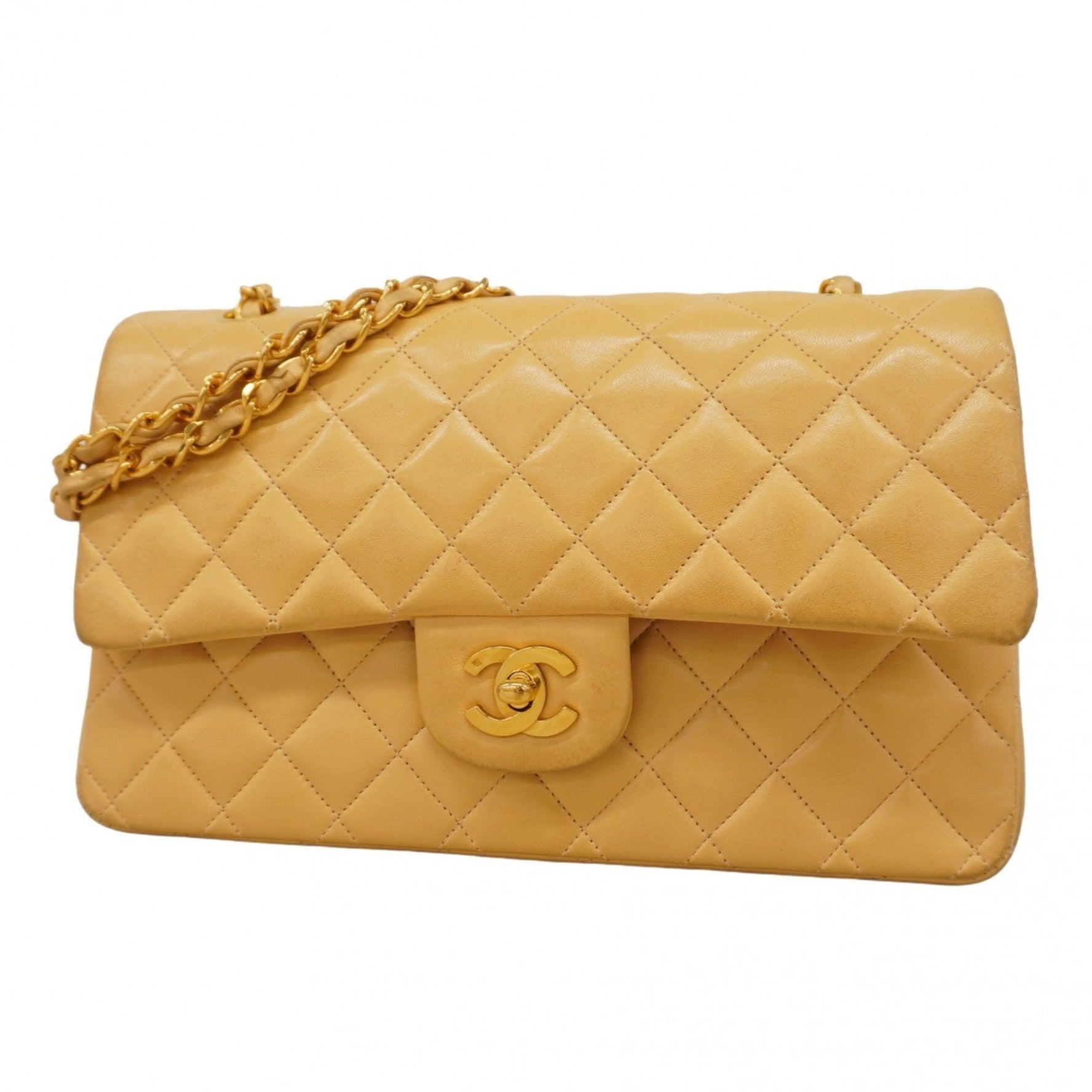Chanel Matelasse Shoulder Bag with Double Flap and Chain, Lambskin, Yellow, Women's