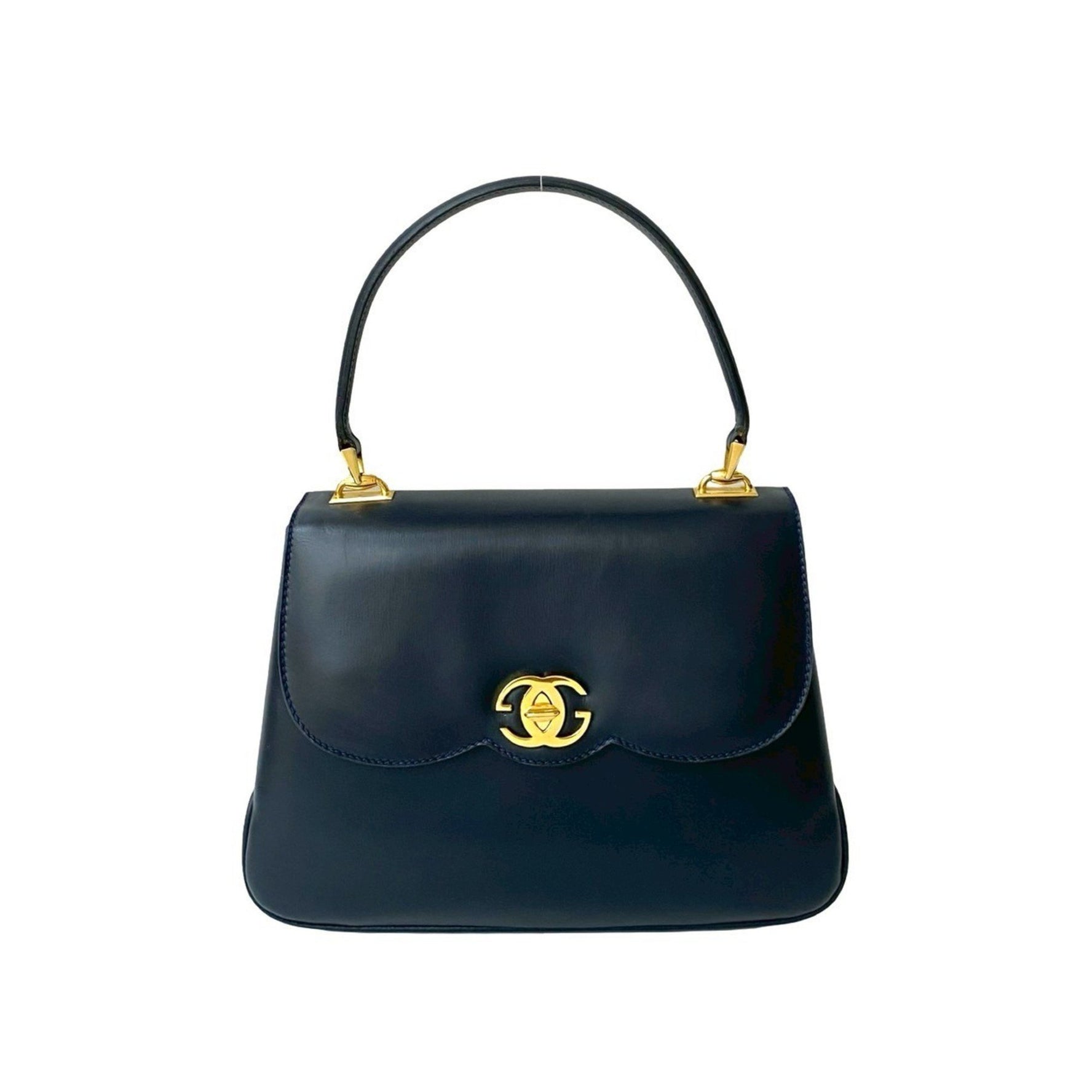 GUCCI Old Gucci GG Logo Hardware Turnlock Leather Genuine Handbag Tote Bag Navy