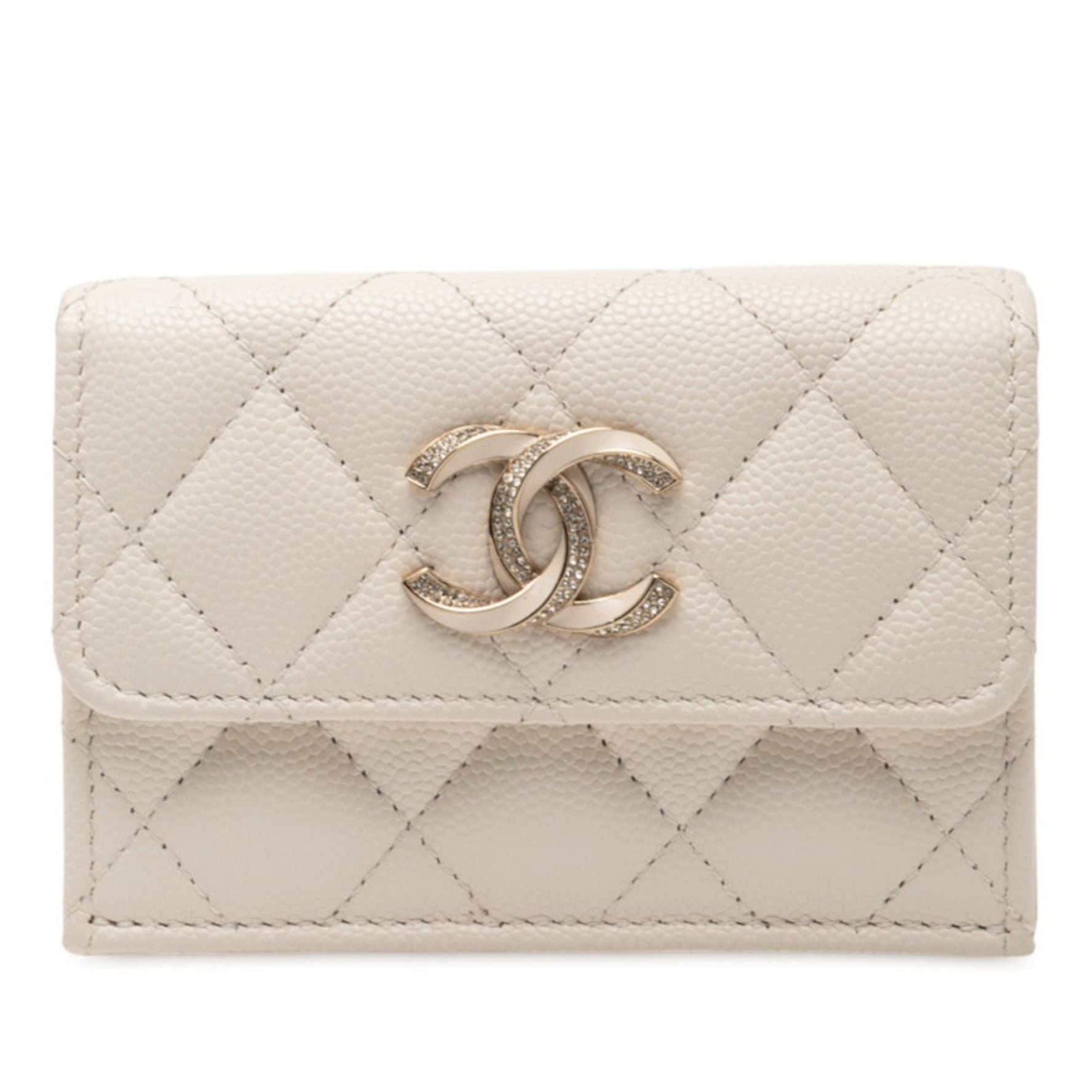 CHANEL Matelasse Coco Mark Rhinestone Tri-fold Wallet in Caviar Leather