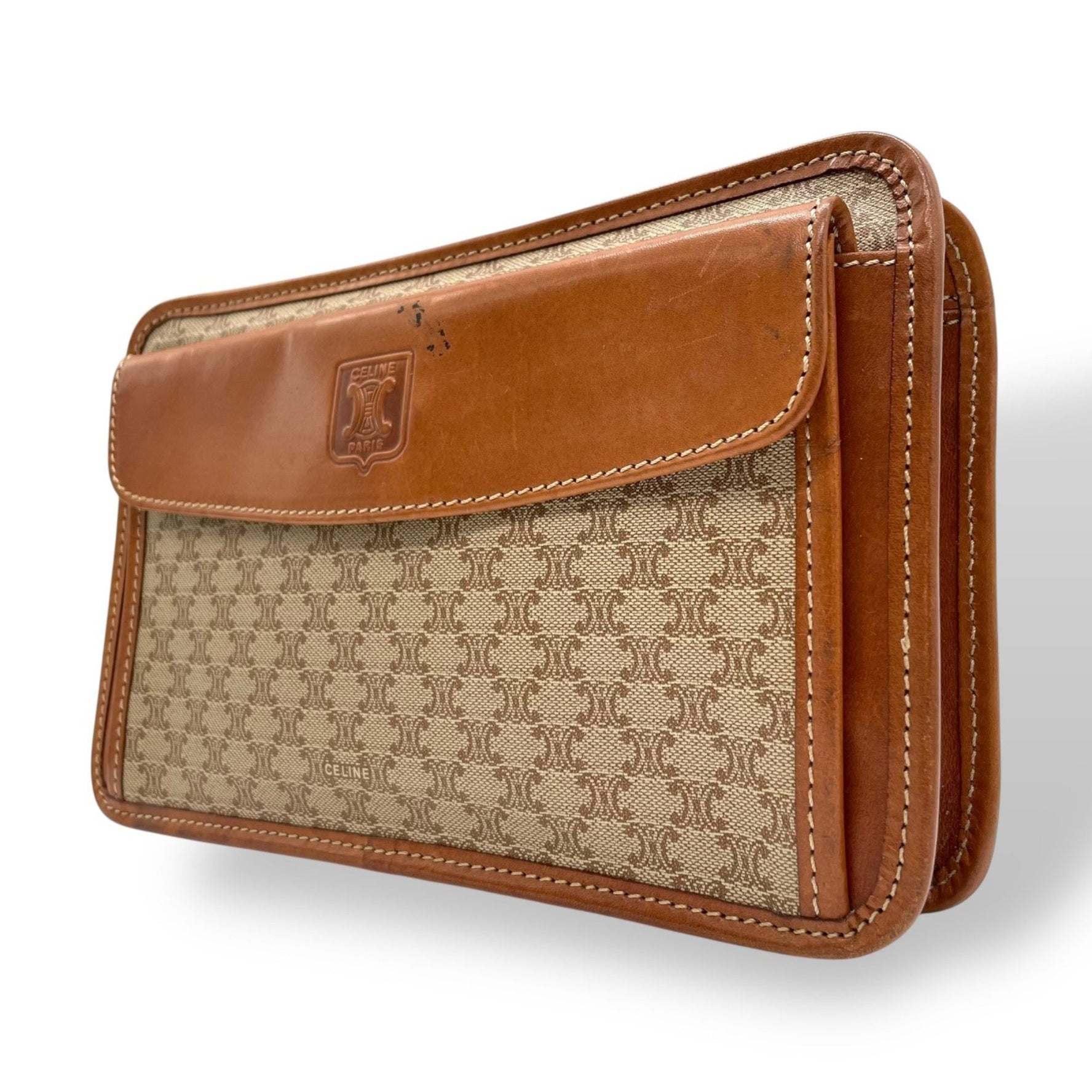 Celine Macadam clutch bag/second bag in beige and brown with Triomphe logo leather.