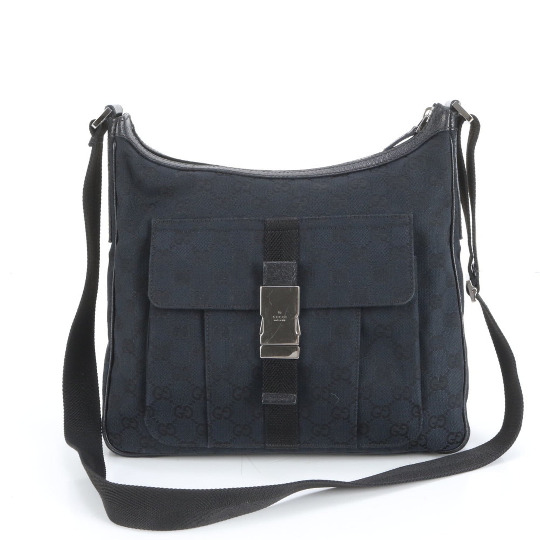 Gucci GG Canvas and Leather Shoulder Bag, Crossbody Messenger with Silver Hardware