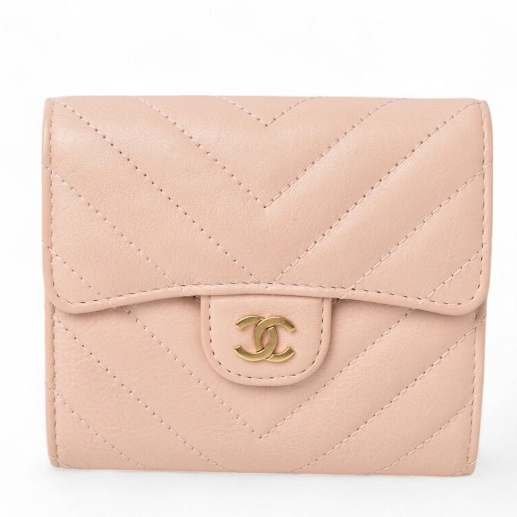 Chanel Wallet Tri-fold CHANEL Chevron Leather Baby Pink