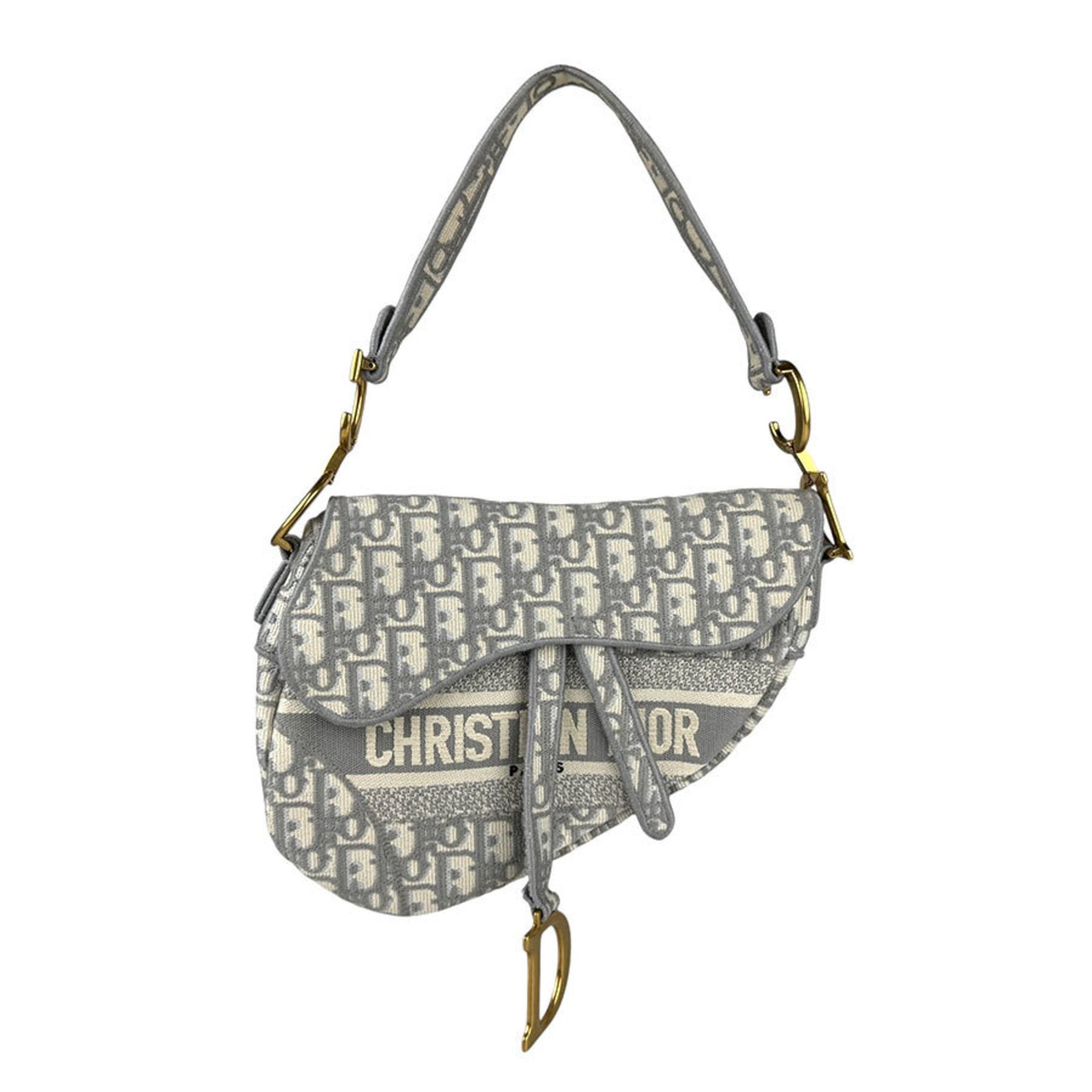 Christian Dior Saddle Bag, Canvas, Gray, White, Gold