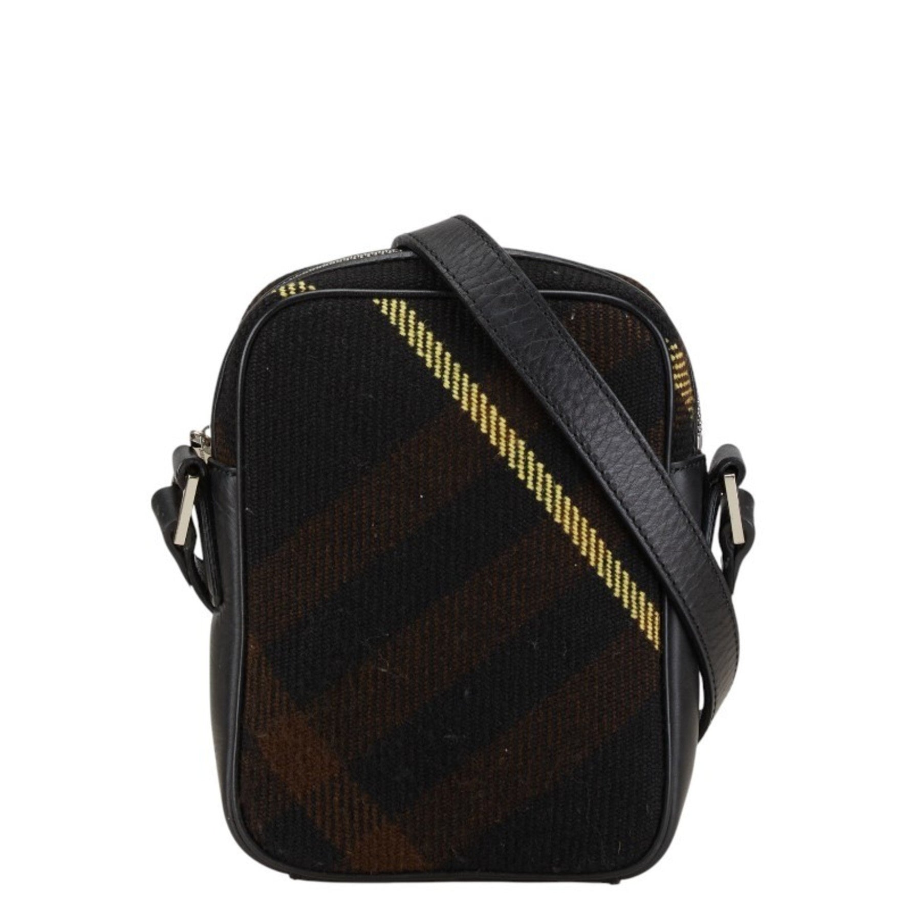 Burberry Check Shoulder Bag Black Brown Wool Leather Women's BURBERRY