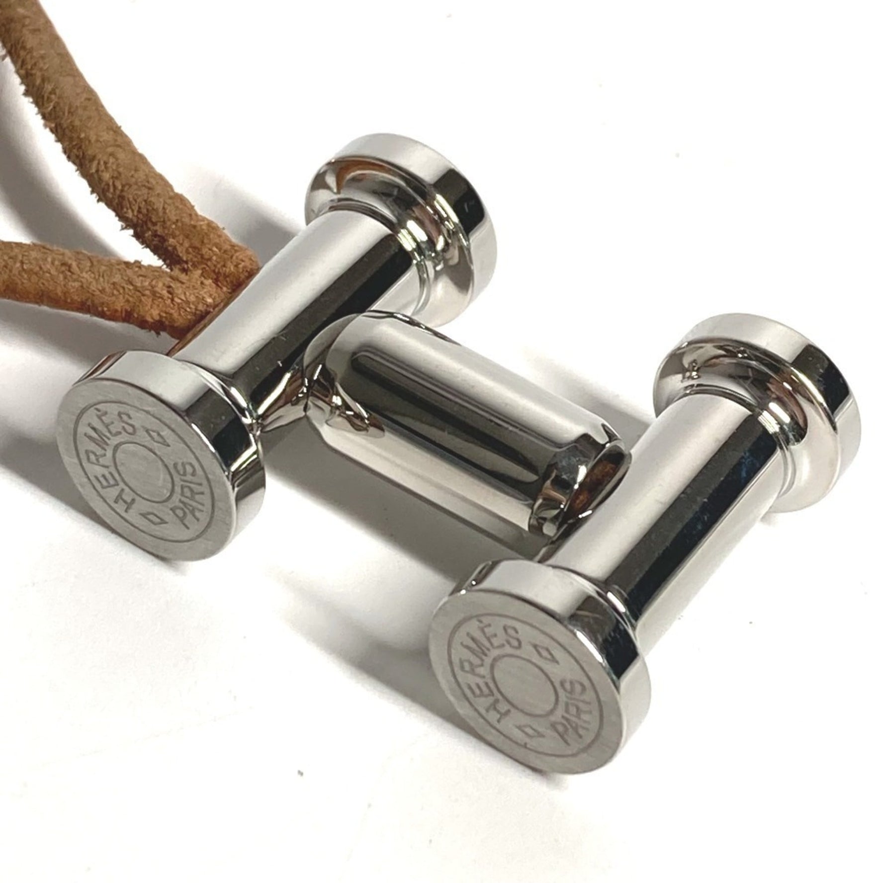 HERMES Mobile H Logo Bag Charm Keychain Leather Metal Men's Brown