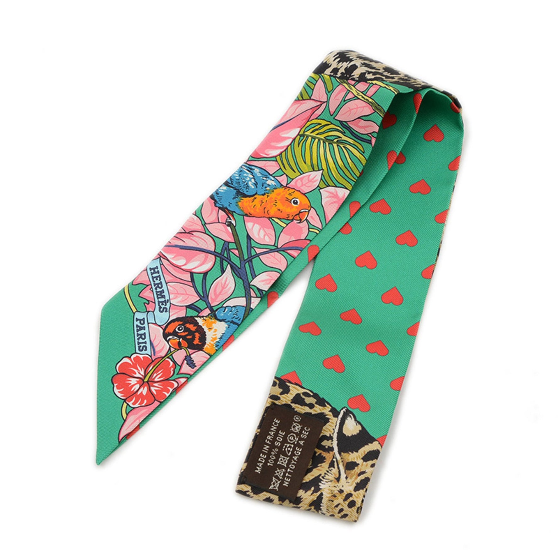 Hermes Hermès Twilly Scarf/Muffler Jungle Love Emeraude Rose Blanc 100% Silk