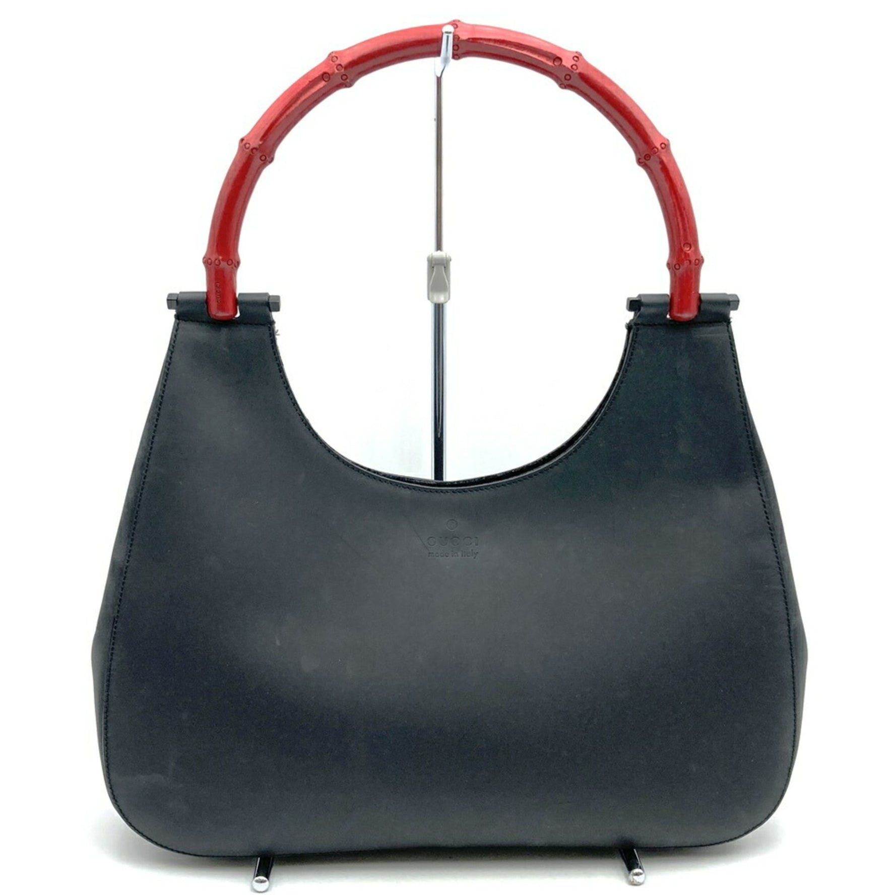 GUCCI 001 3739 Shoulder Bag Leather/Bamboo Black/Red