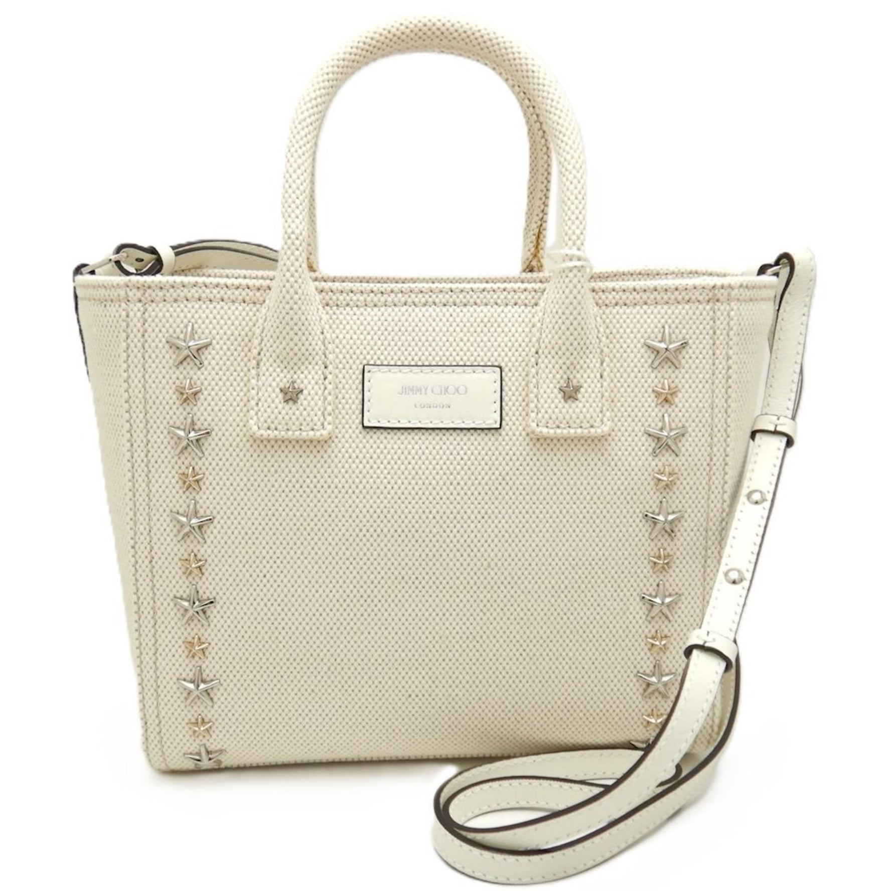Jimmy Choo Pegasi S Handbag Star Studded Canvas x Leather NATURAL