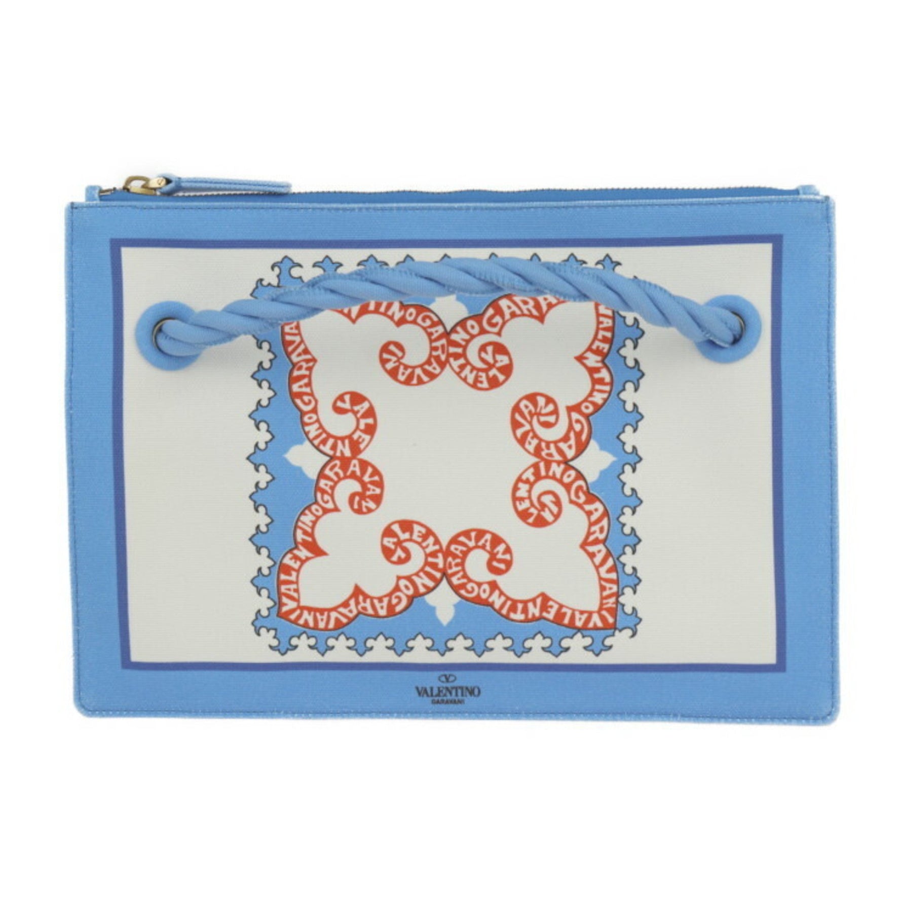 Valentino Garavani Honolulu Pouch Second Bag Canvas Light Blue Ivory Orange Clutch