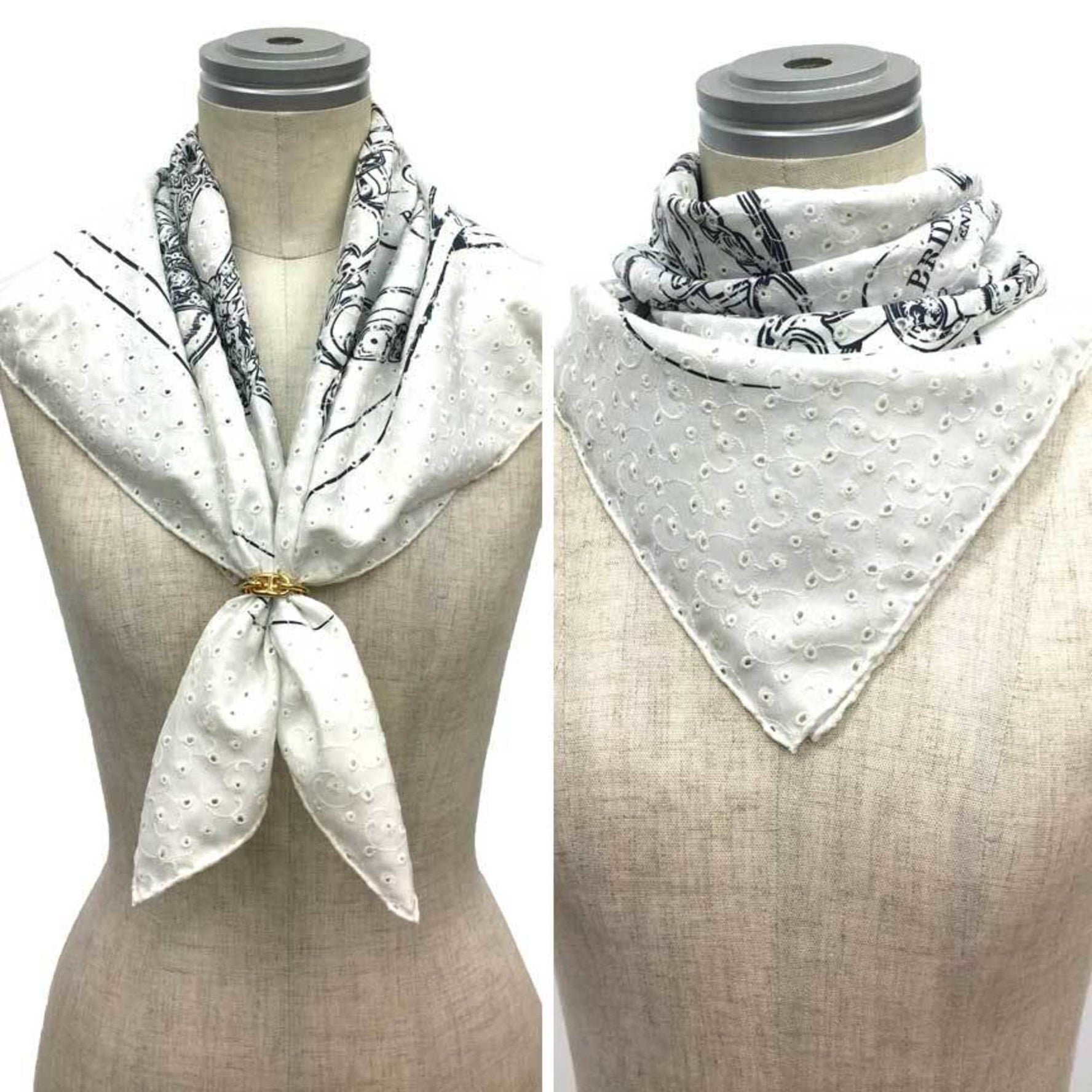 HERMES Carre 70 Scarf, BRODERIE ANG BRIDES DE GALA FINESS, size 983529S, 25, 100% silk, embroidered, white/black, formal bridle scarf.