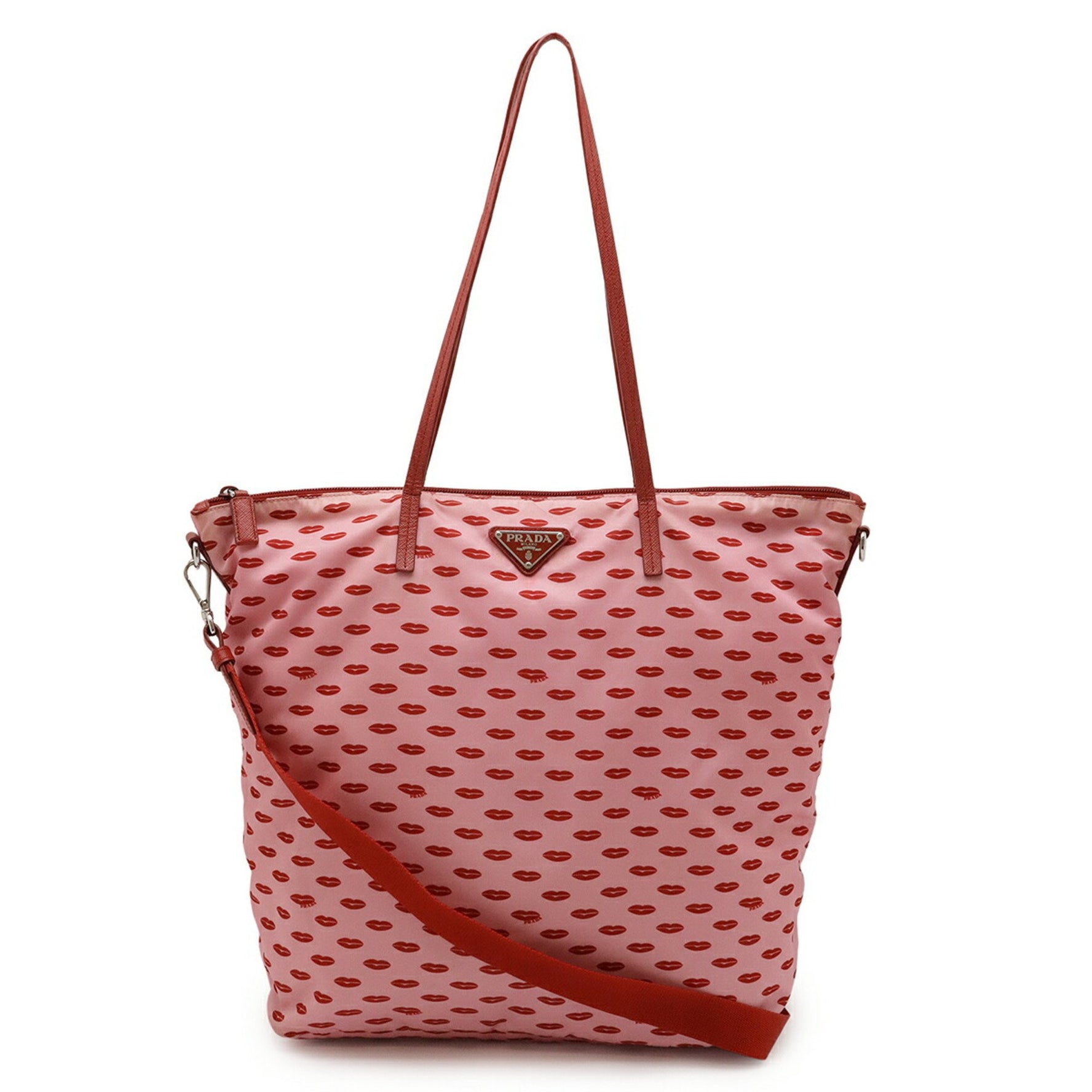 PRADA Triangle Lip Pattern Tote Bag Shoulder Nylon Leather Pink Red