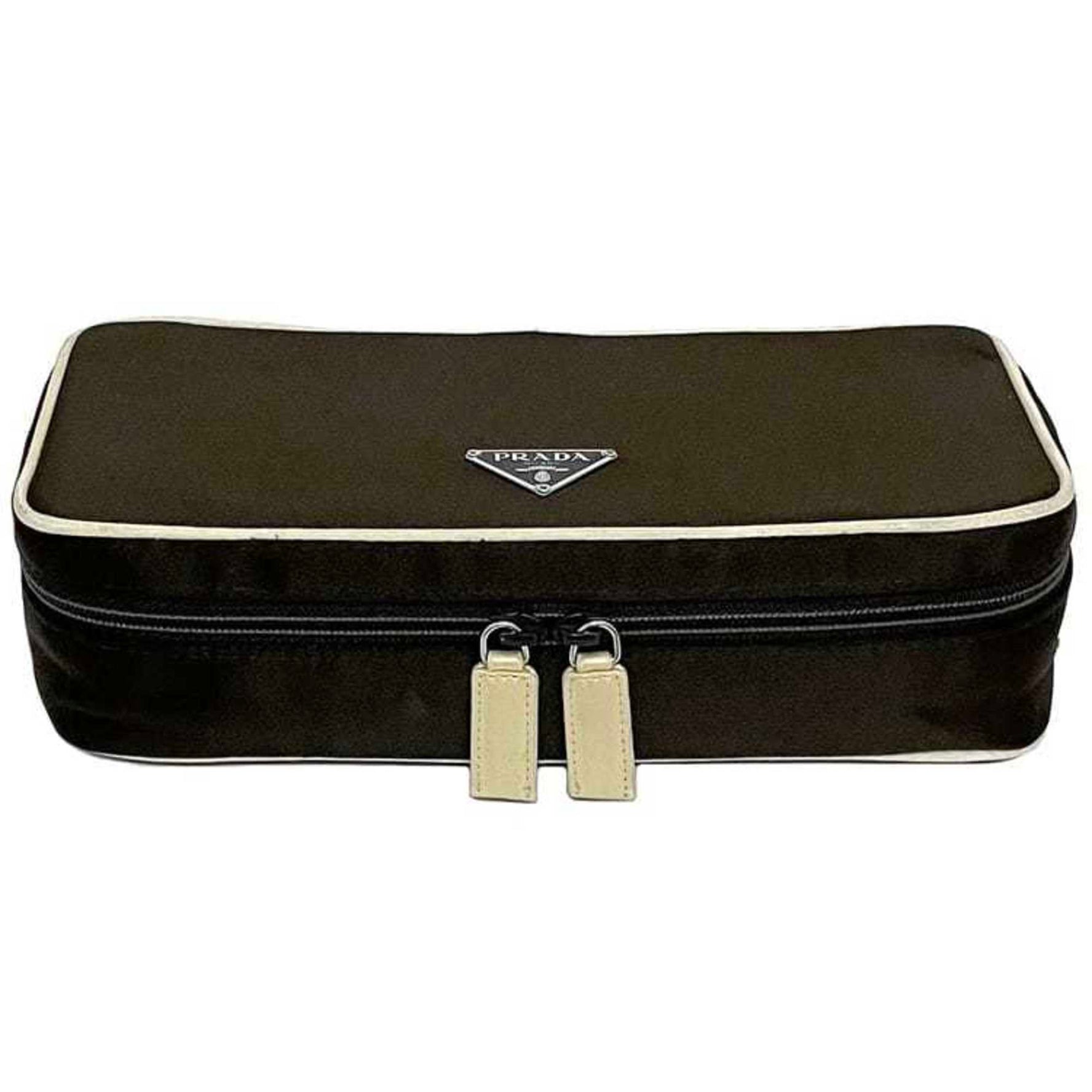 Prada Pouch ec-22734 Brown Cream White Satin PRADA Triangle Plate Women's Case