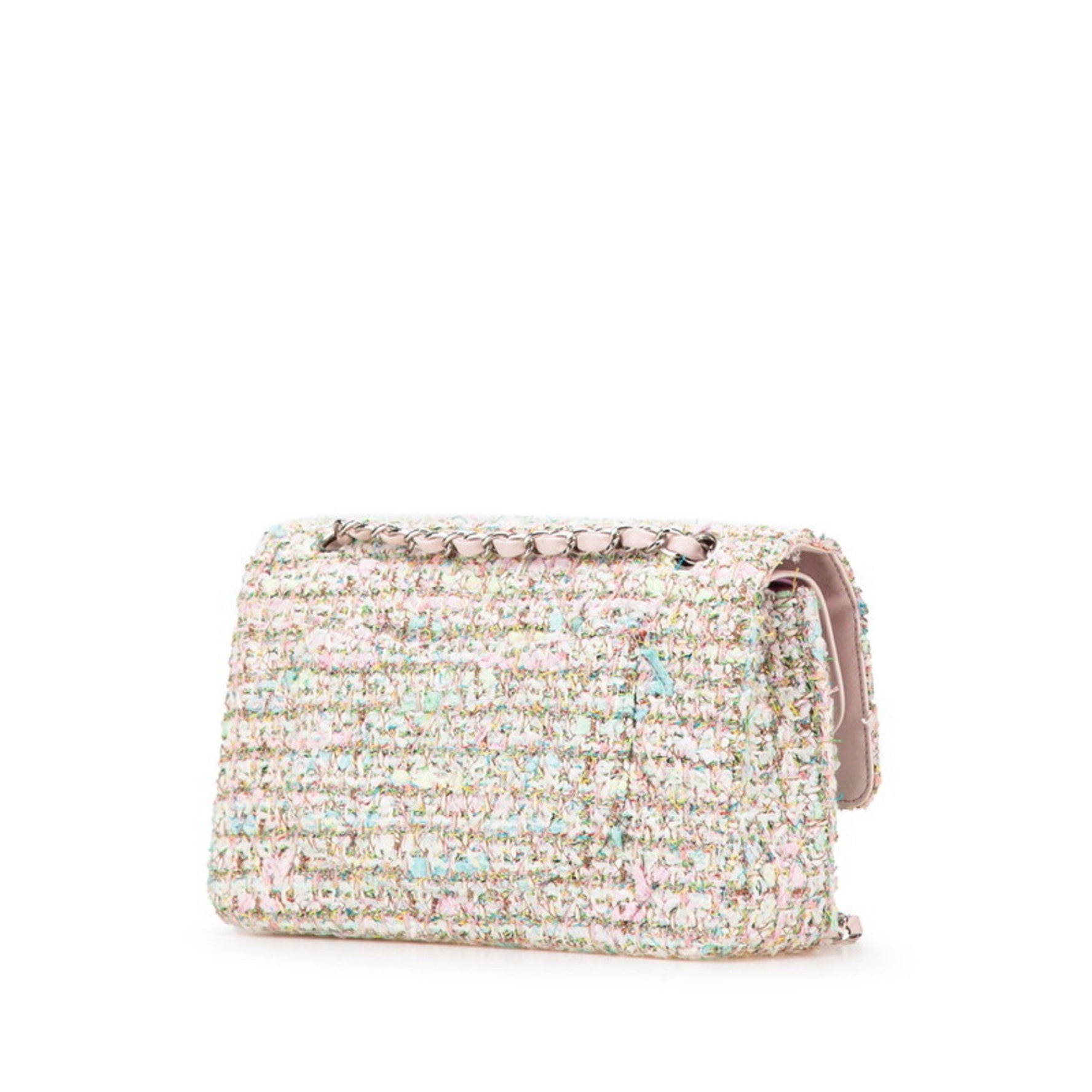 Chanel Matelasse 25 Coco Mark Double Flap Silver Hardware Chain Shoulder Bag Pink White Multicolor Tweed Leather
