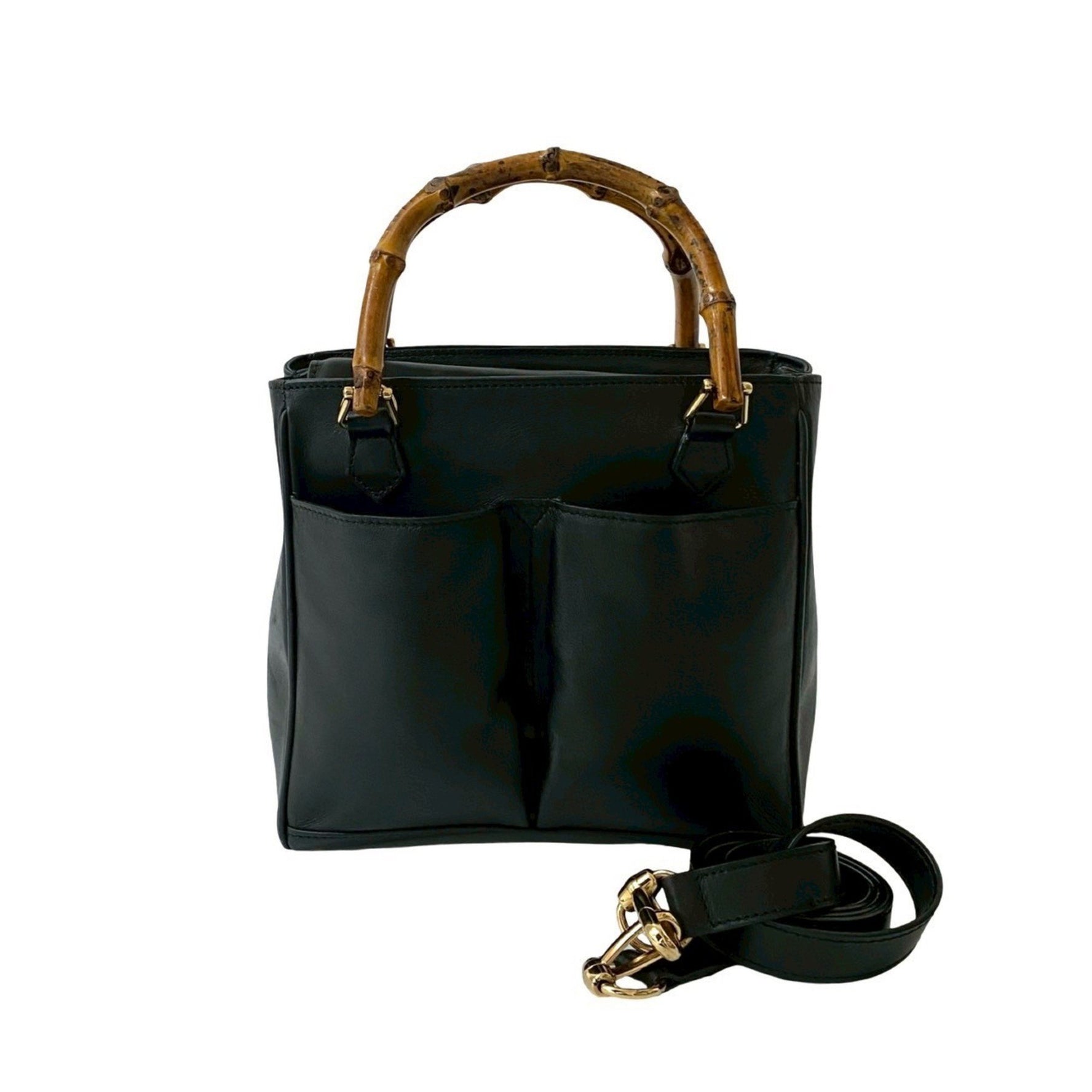 GUCCI Old Gucci Bamboo Leather 2-Way Handbag, Tote Bag, Shoulder Black 837-2