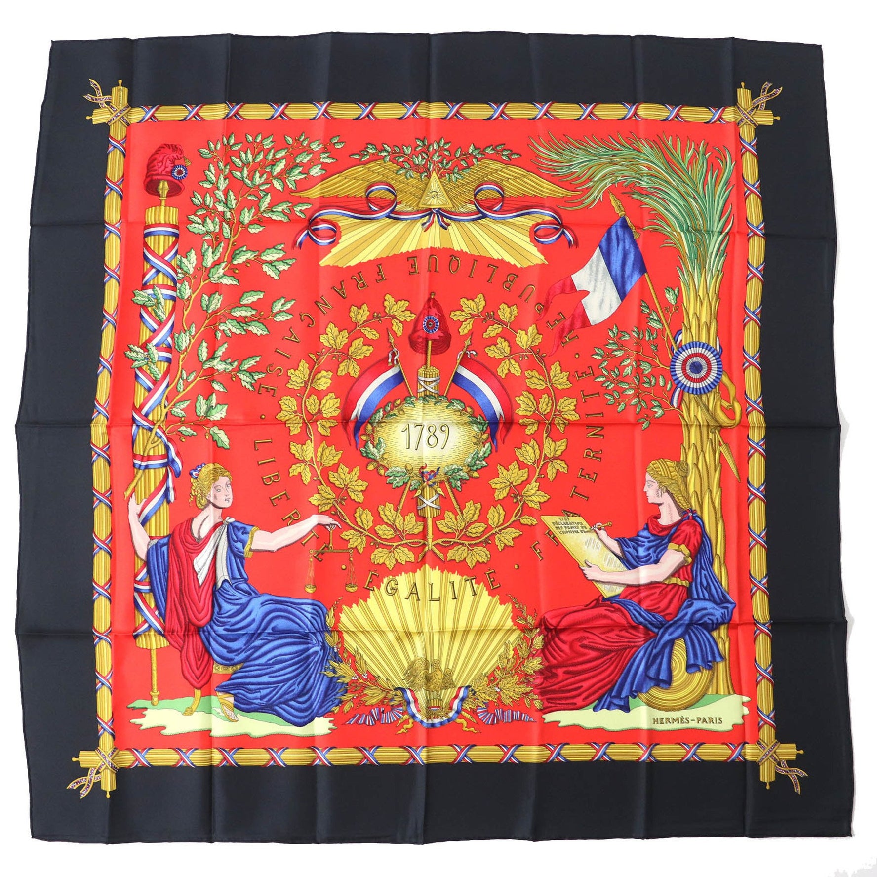 HERMES 1789 LIBERTE EGALITE FRATERNITE REPUBLIQUE FRANCAISE (1789) 100% Silk Scarf, Black, Red, Multicolor, Made in France