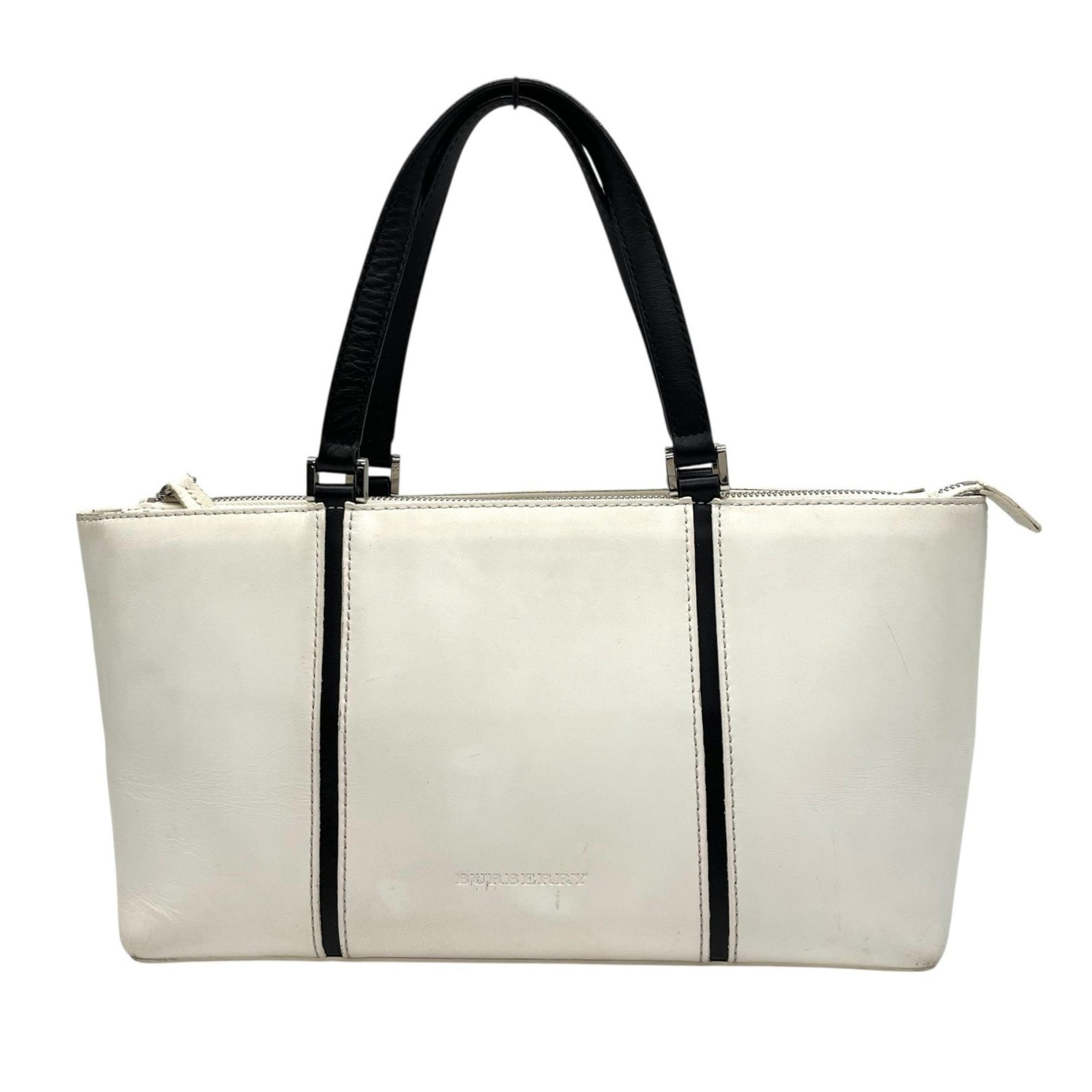 BURBERRY Handbag in White and Black Leather with Silver Hardware, Logo, Horizontal, Nova Check