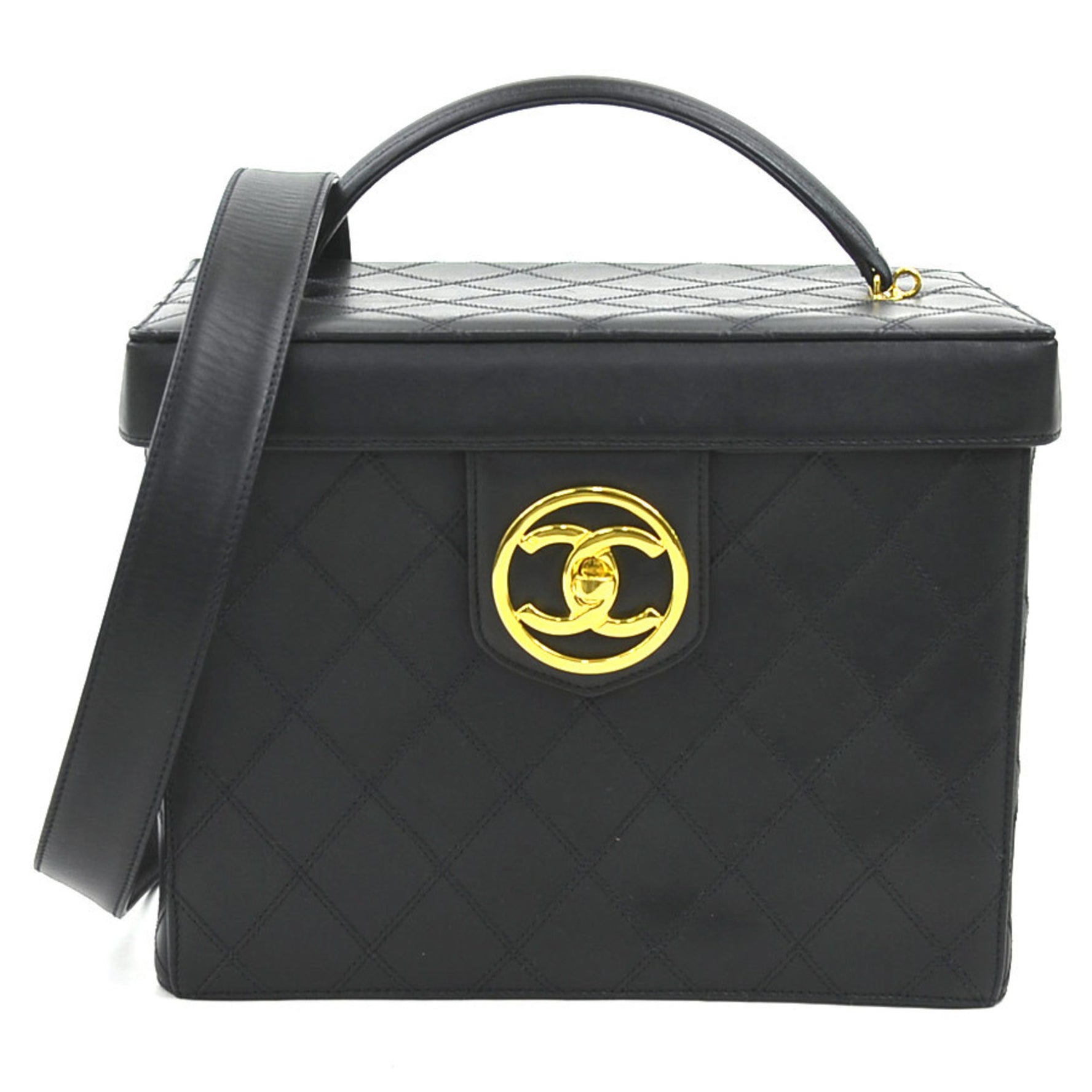 CHANEL handbag vanity bag shoulder bicolor leather black gold ladies w0977g