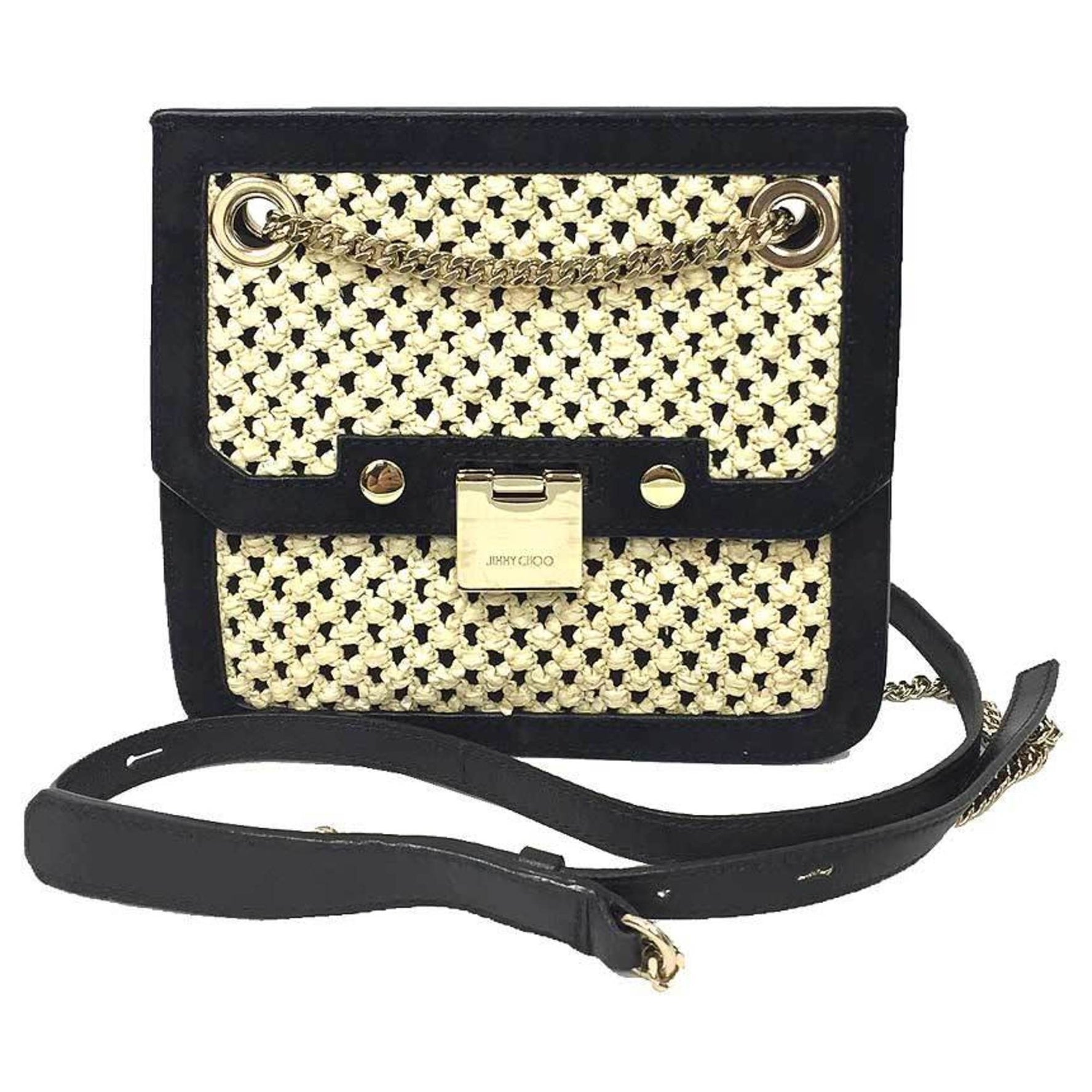 JIMMY CHOO Shoulder Bag in Leather and Straw, Black Beige
