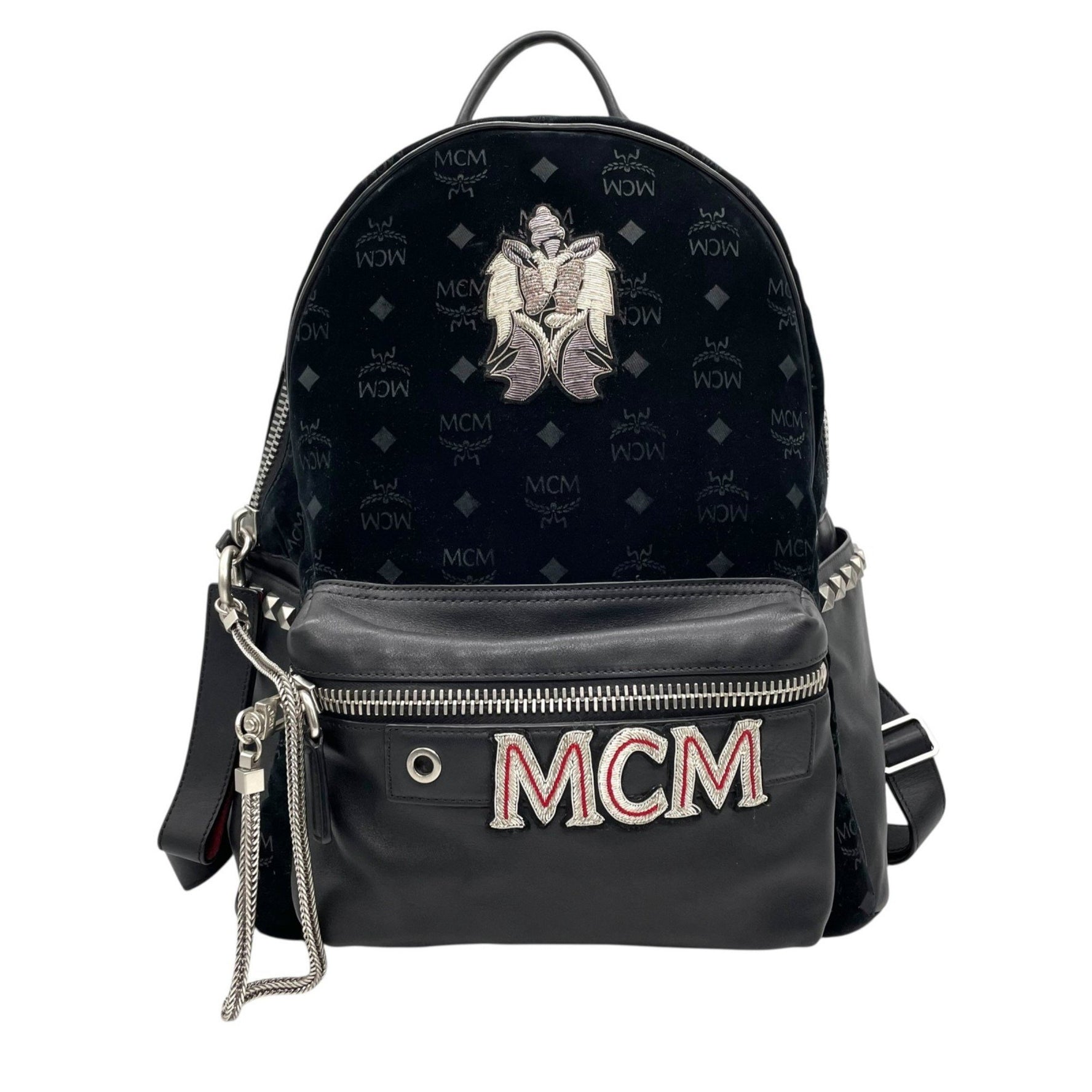 MCM Monogram Visetos Backpack with Embroidered Emblem and Studs, Leather Velvet, Size A