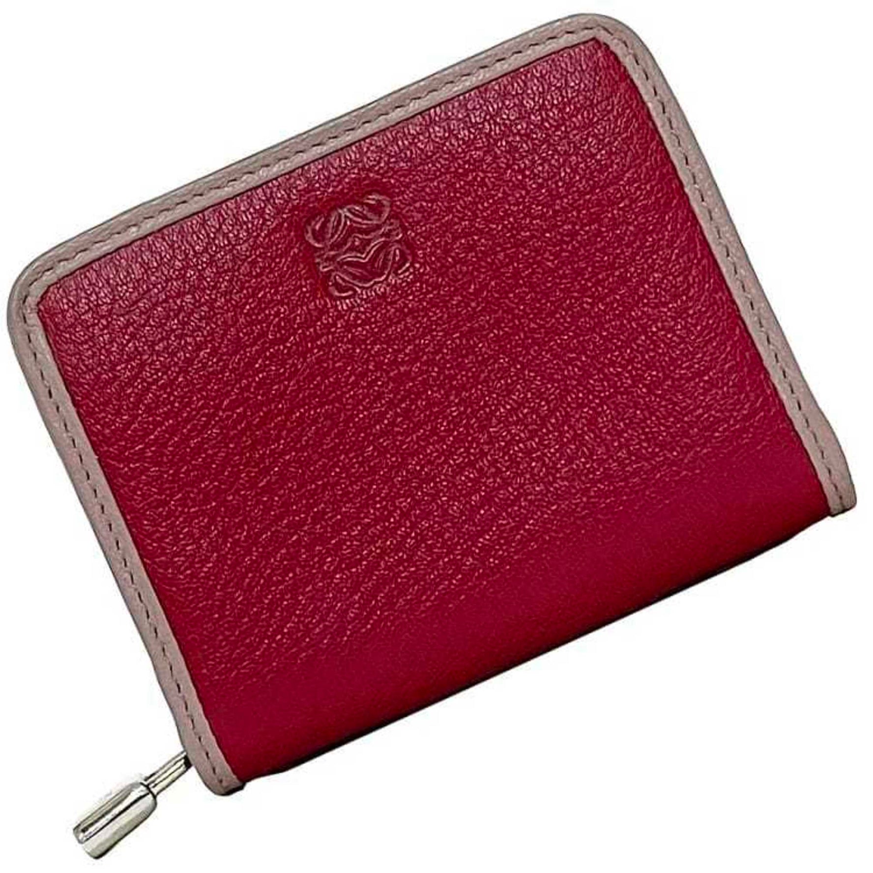 LOEWE Coin Case ec-23033 Pink Amazona Leather Anagram Mini Wallet for Women Compact Round Engraved Key Motif