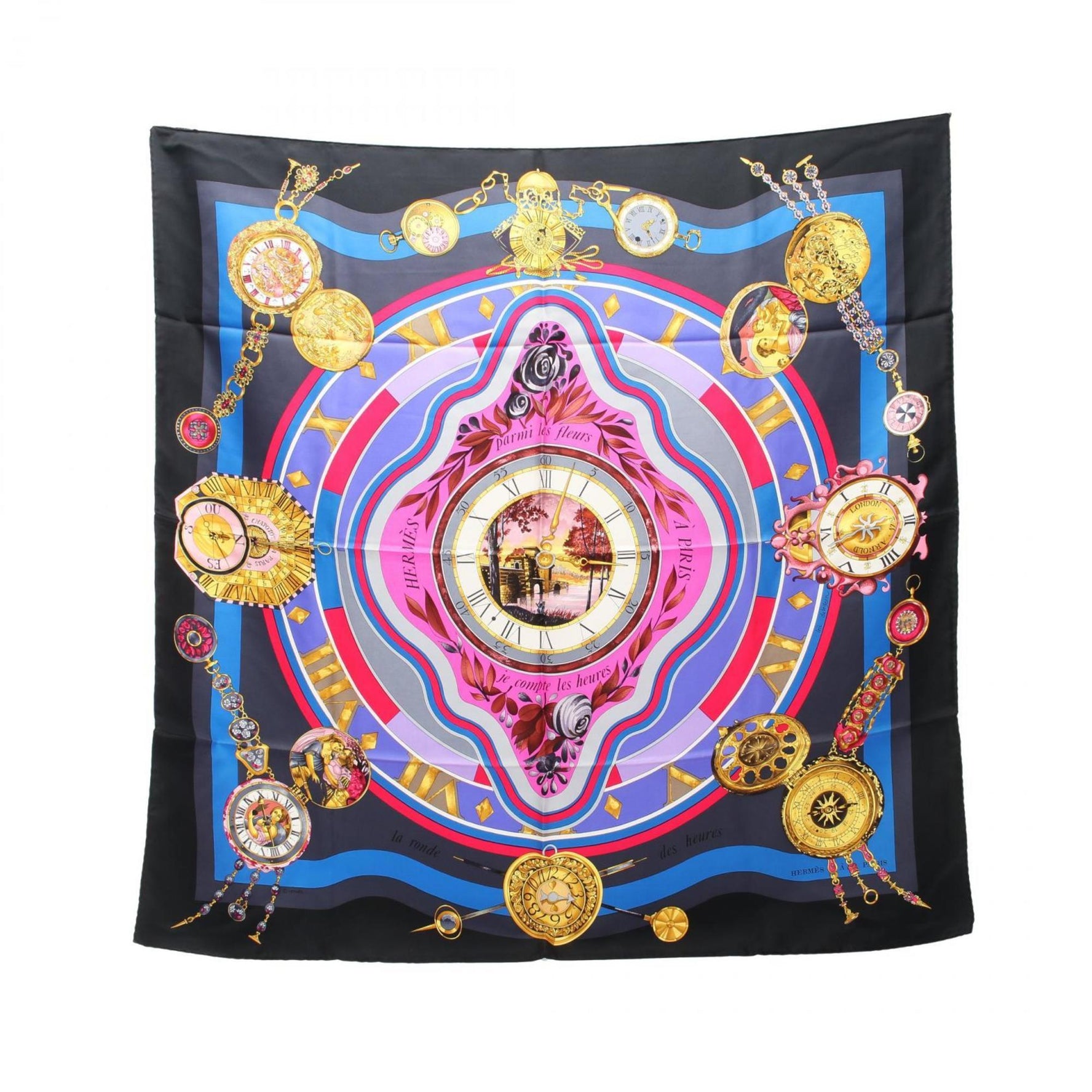 Hermes HERMES Carré 90 Parmi les fleurs je compte heures Scarf Silk Women's Black Multicolor