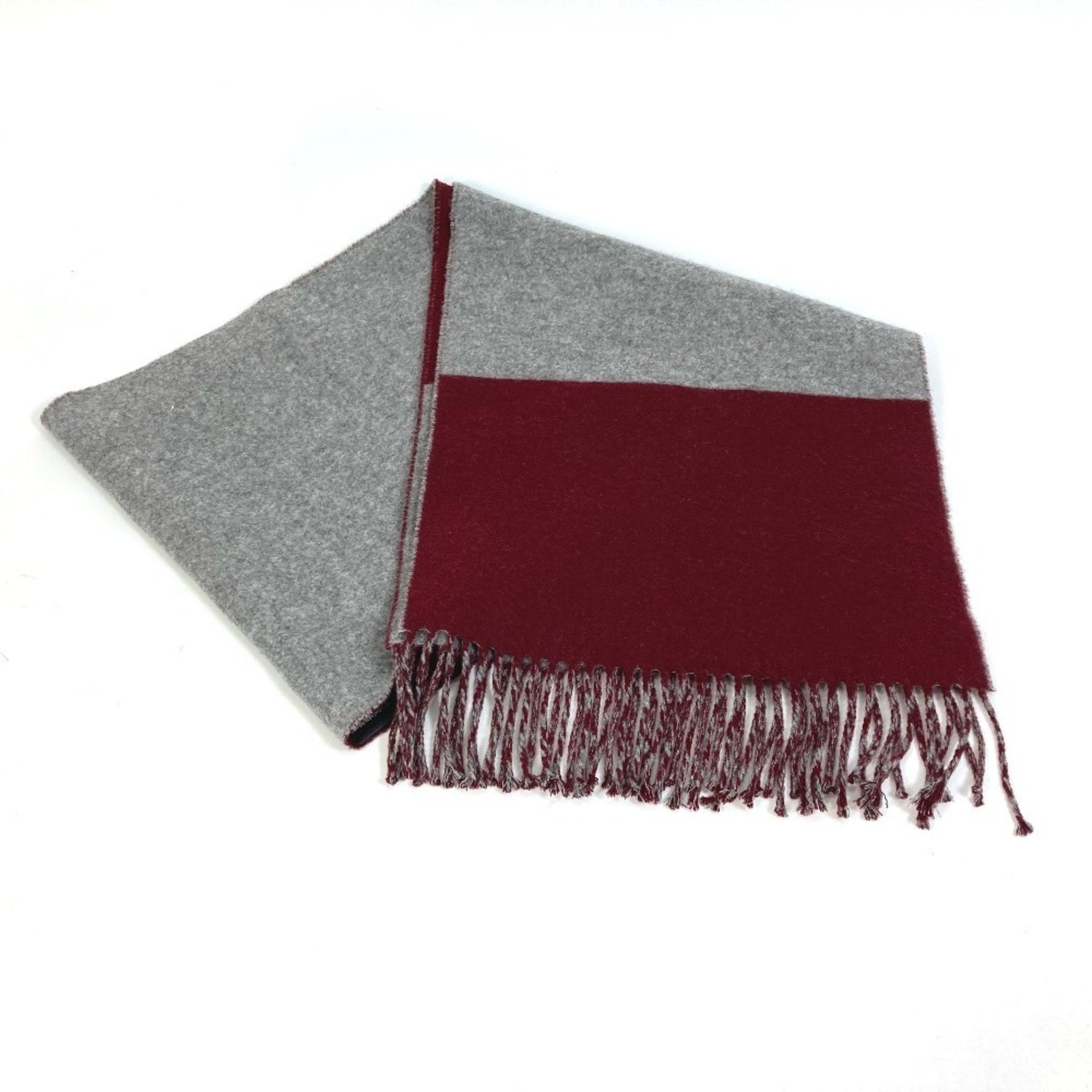 HERMES Kazak Fringe Scarf/Muffler, Two-Tone Cashmere, Bordeaux and Gray, Like New