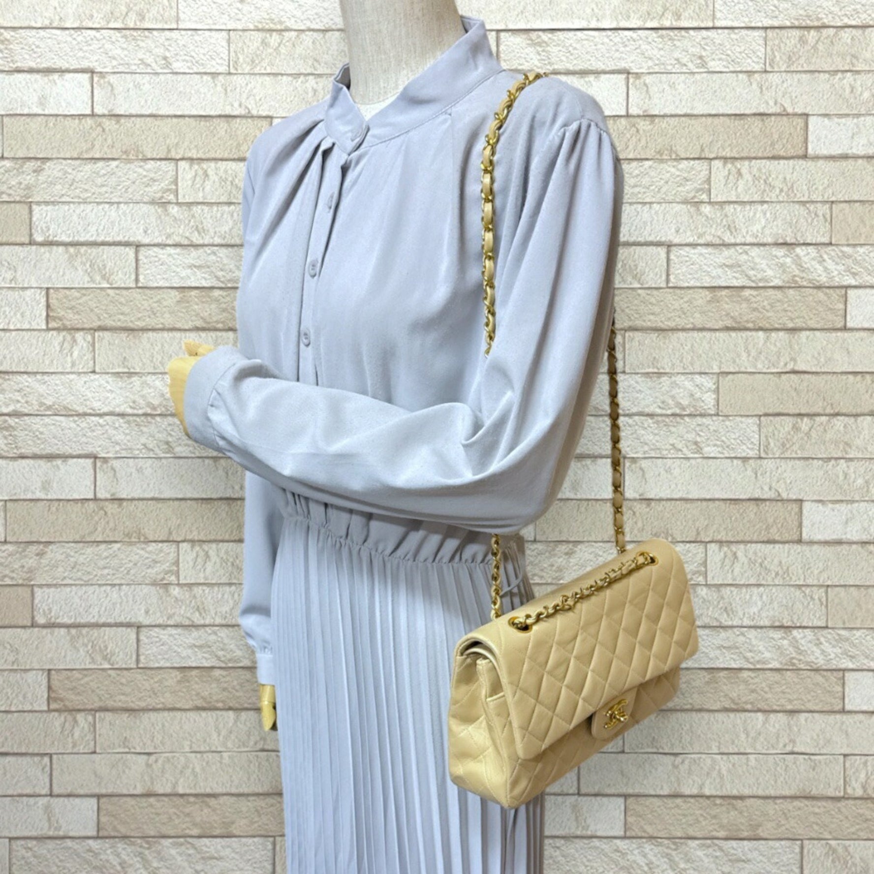 Chanel Matelasse Shoulder Bag, Beige, Lambskin, Women's, Double Chain, Flap