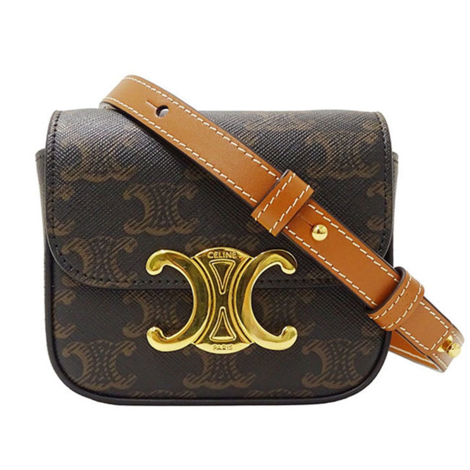 Celine Triomphe shoulder bag, dark brown, mini compact, with logo and perfume.