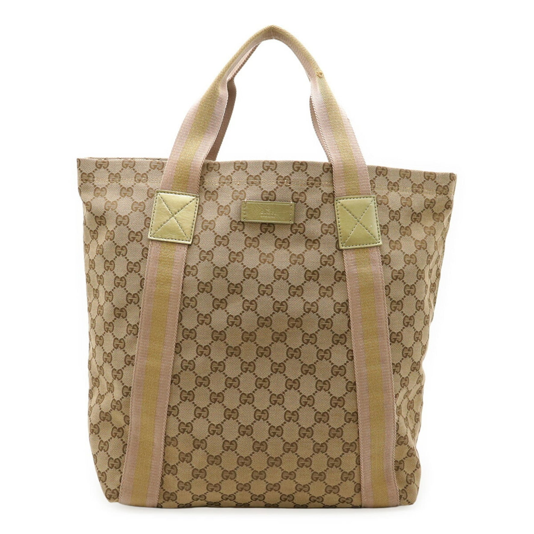 GUCCI GG Canvas Sherry Line Tote Bag Shoulder Leather Khaki Beige Pink Gold