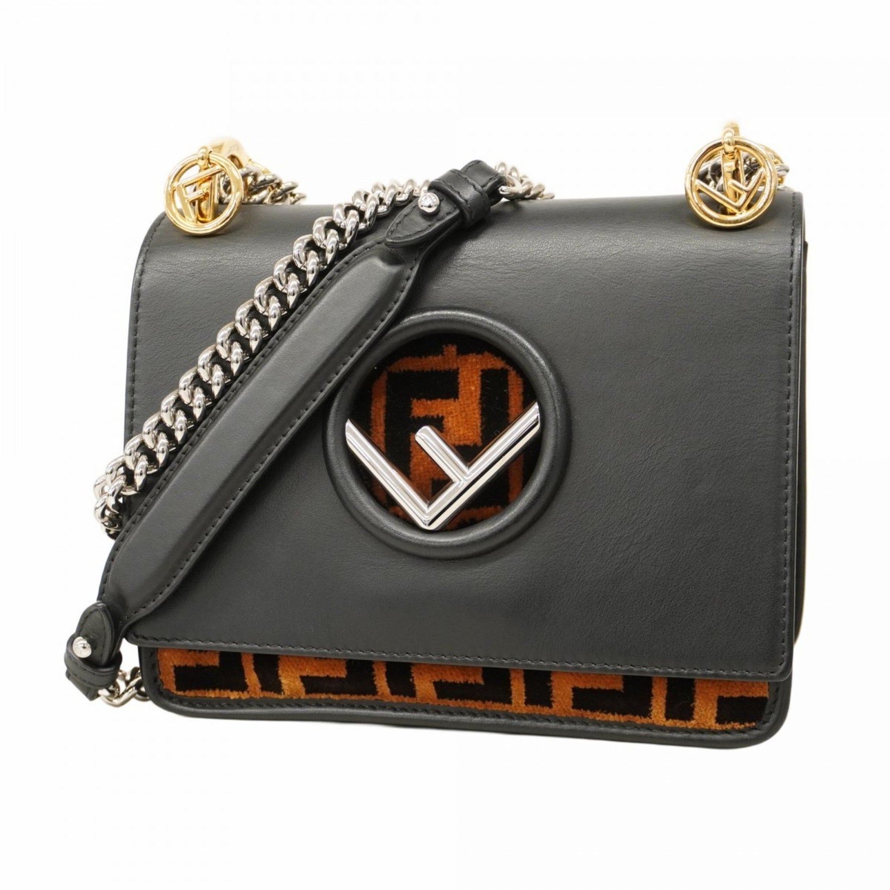 Fendi Zucca Mini Canaief Shoulder Bag in Leather and Velvet, Black, Brown, Gold
