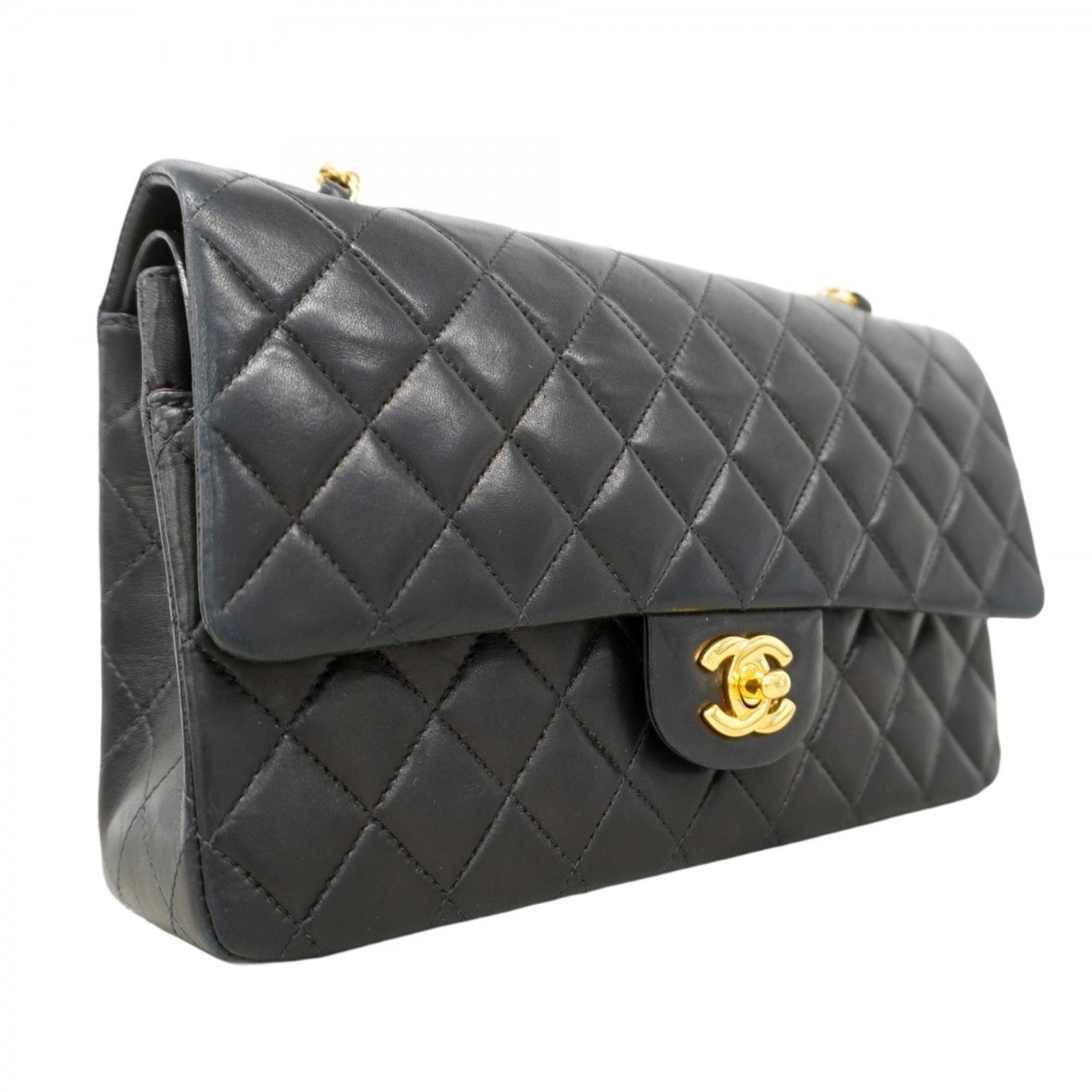 Chanel Matelasse Shoulder Bag with Double Flap and Chain, Lambskin, Black, Women's, P1118898